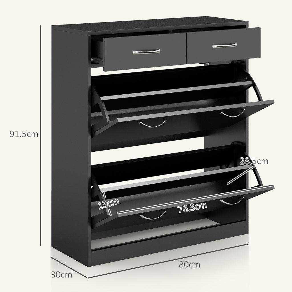 Shoe Rack of 12 Pairs with 2 Adjustable Internal Shelves and 2 Drawers, in Wood, 80x30x91.5 cm, Black