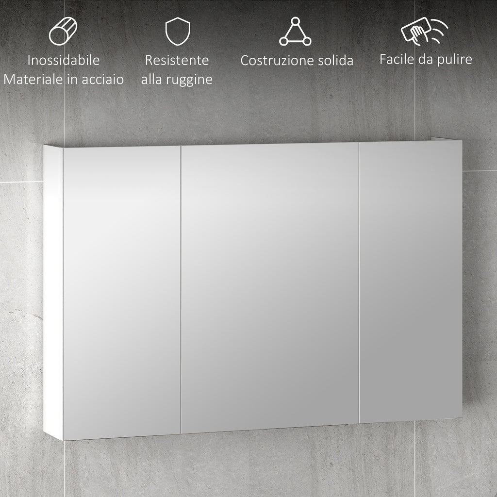 kleankin Bathroom Wall Cabinet with 3 Mirrored Doors and Adjustable Wooden Shelves 90x13.5x60 cm, White
