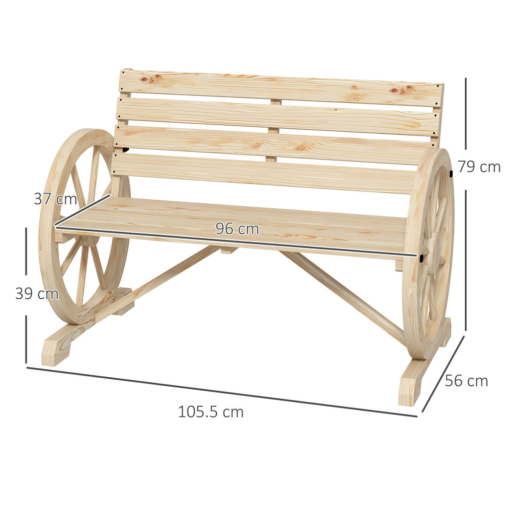 Outsunny 2-Seater Garden Bench with Slatted Frame and Wagon Wheel Armrests, Wooden, 105.5x56x79 cm, Wood Color