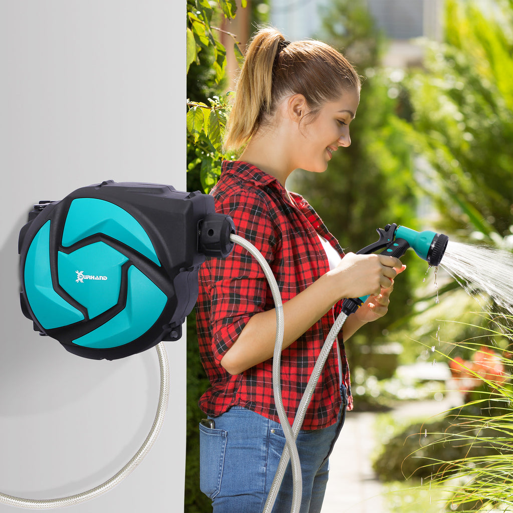 DURHAND Automatic Wall-Mounted Hose Reel with 10m Hose, Made of Plastic and PP, 28x14x34cm, Black and Blue