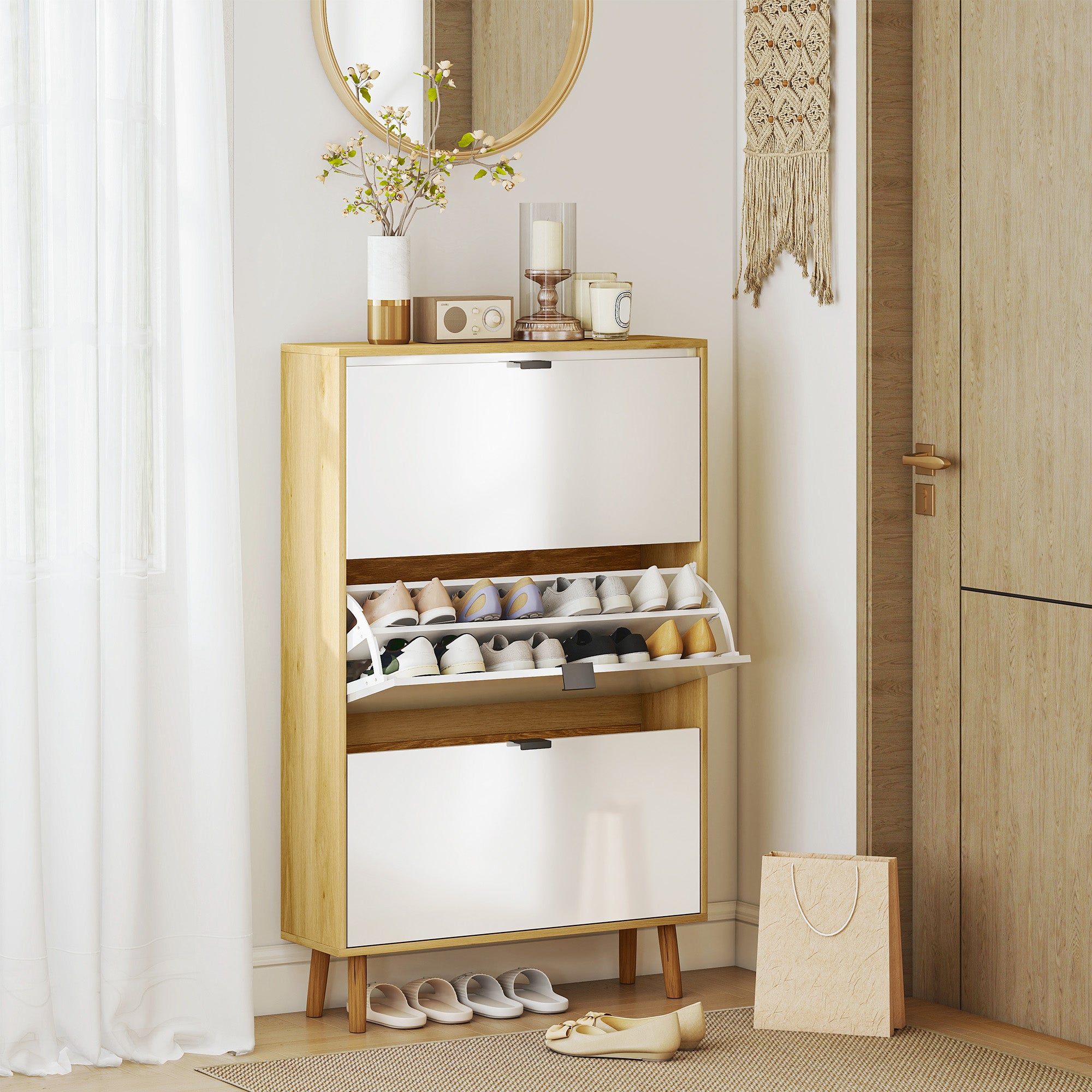 Slim Modern Shoe Rack with 3 Tilting Drawers for 24 Pairs of Shoes, 80x24x127 cm, White