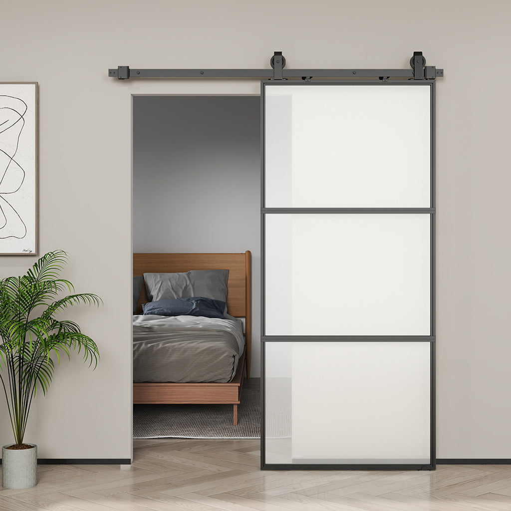 HOMCOM External Sliding Door 91.4x203.2cm in Satin Glass, Soft-close System, Industrial Style, Waterproof