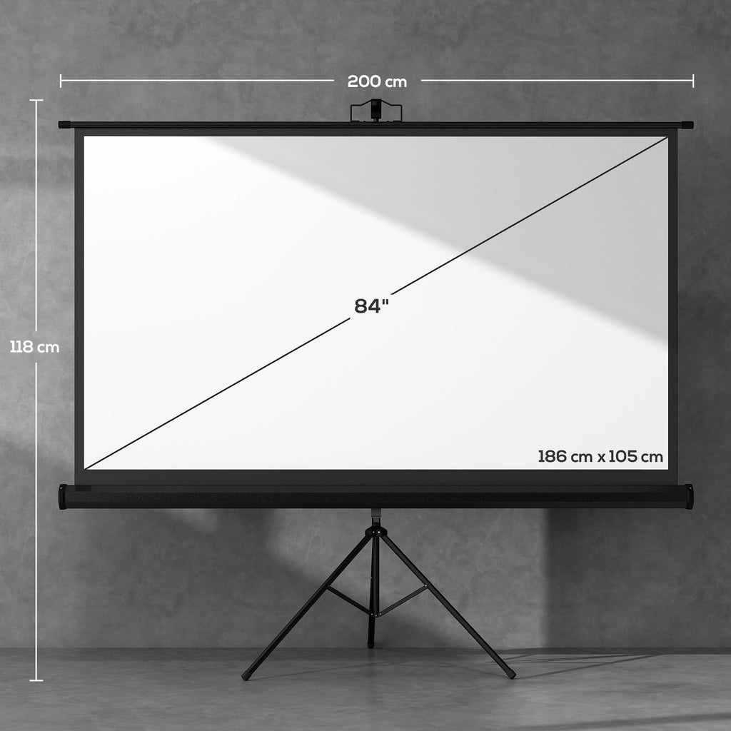 84" Foldable Projector Screen, 16:9 Format, Adjustable Tripod, 200 x 8 x 118 cm, Black