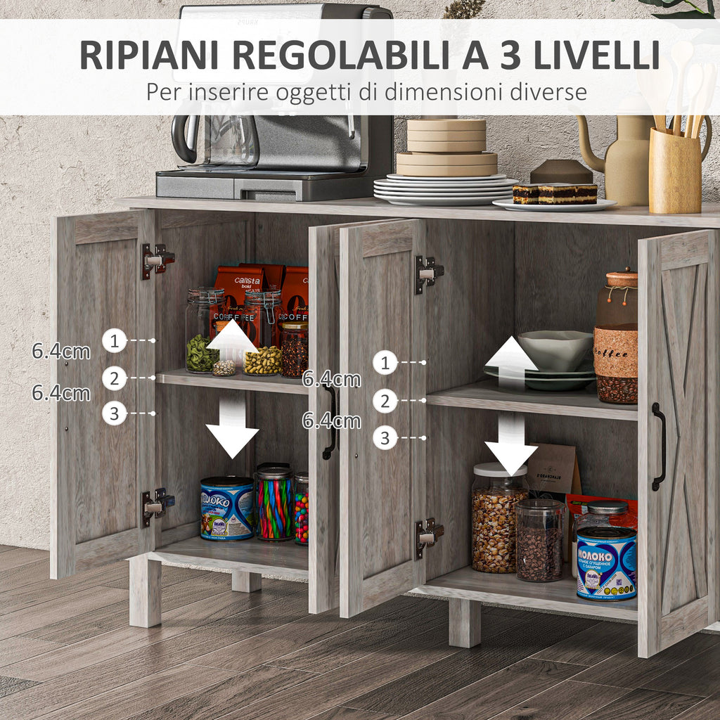 Rustic Multipurpose Cabinet with 4 Adjustable Storage Shelves, Wooden, 120x37x75 cm, Grey