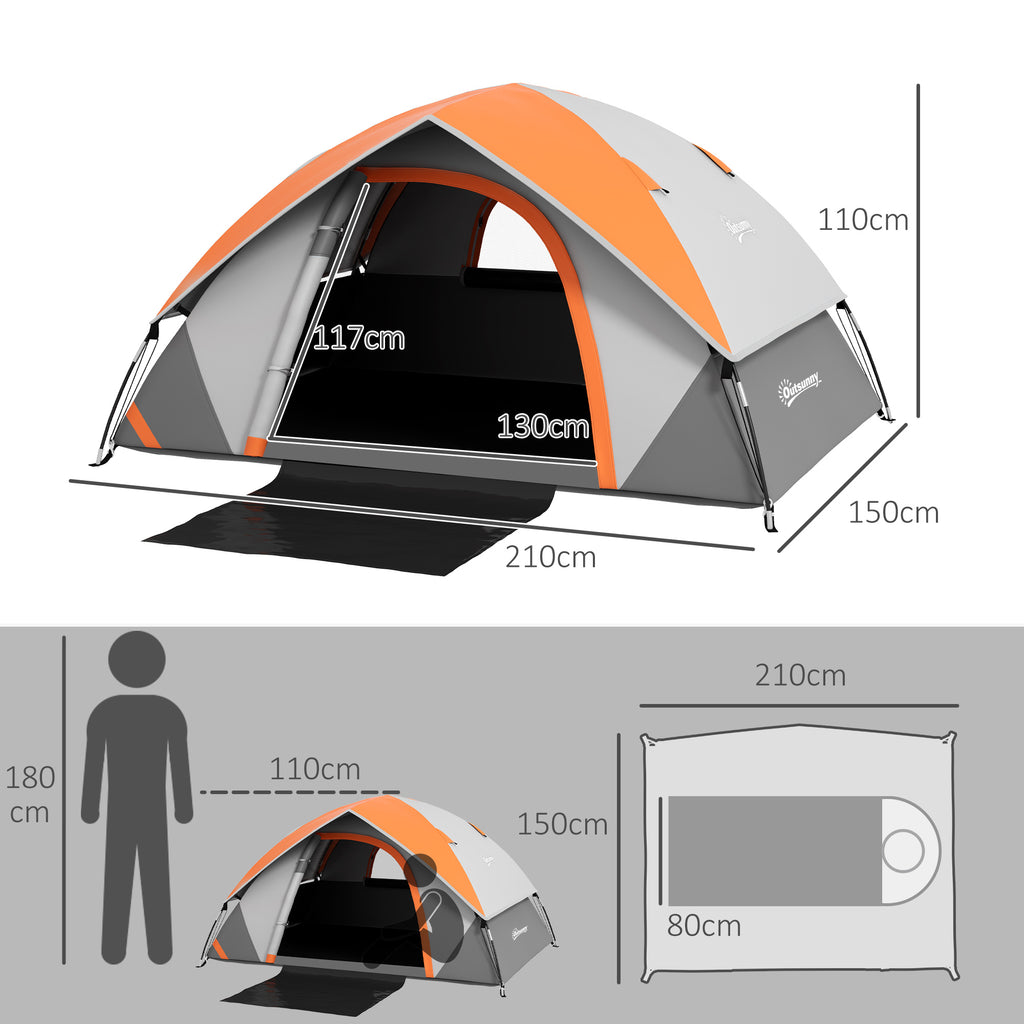 2-Person Camping Tent with Mesh Window and Hook, in Polyester, 210x150x110 cm, Gray and Orange