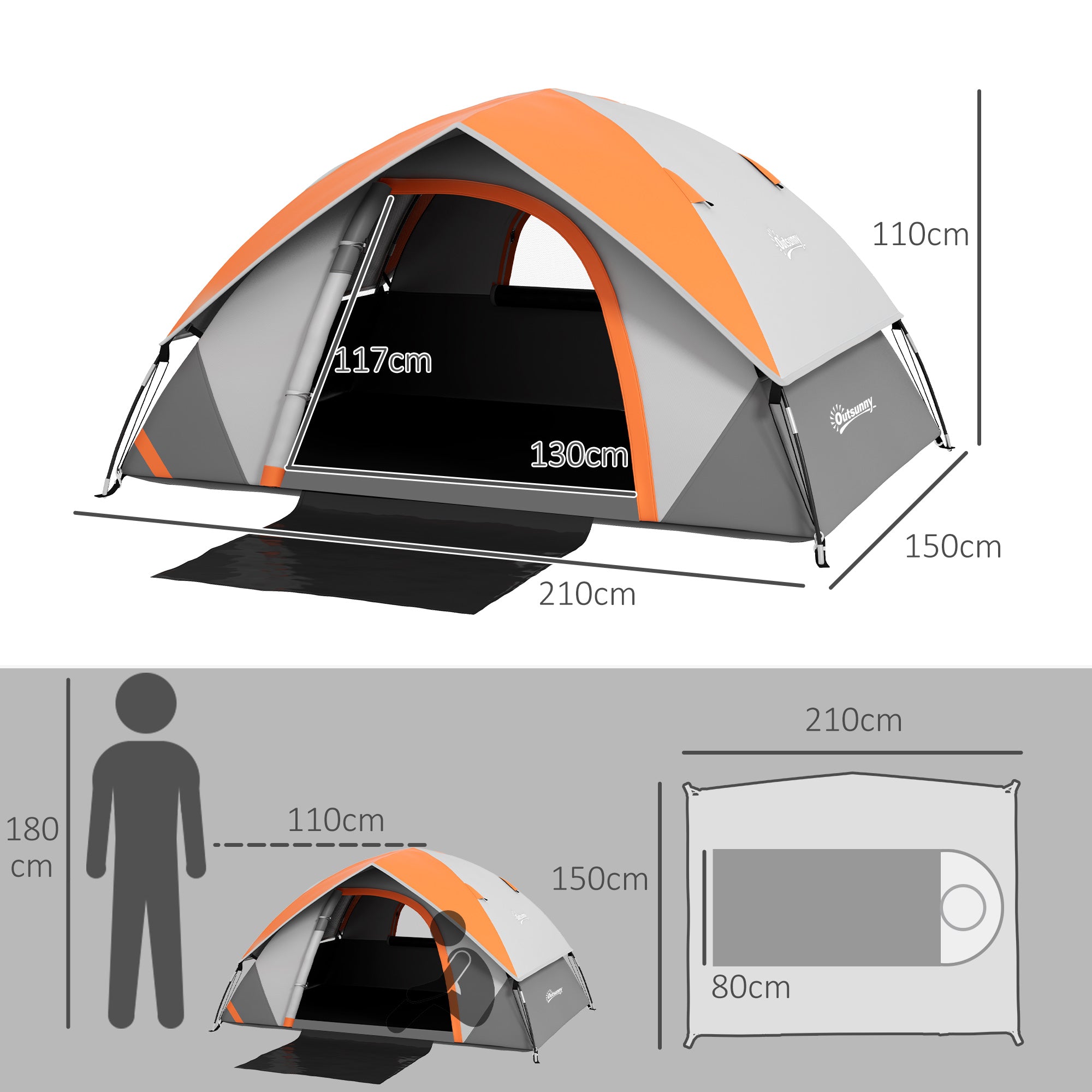2-Person Camping Tent with Mesh Window and Hook, in Polyester, 210x150x110 cm, Gray and Orange