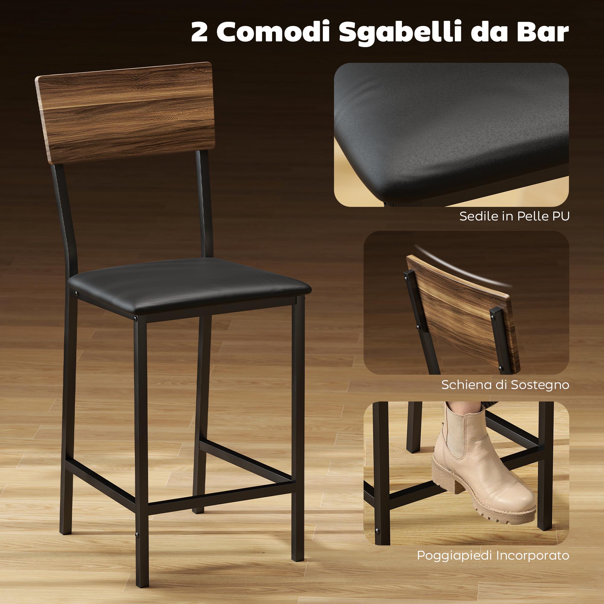 3-Tier Bar Table and 2 Stools with Footrest and Backrest, Wood and Steel, Black and Walnut