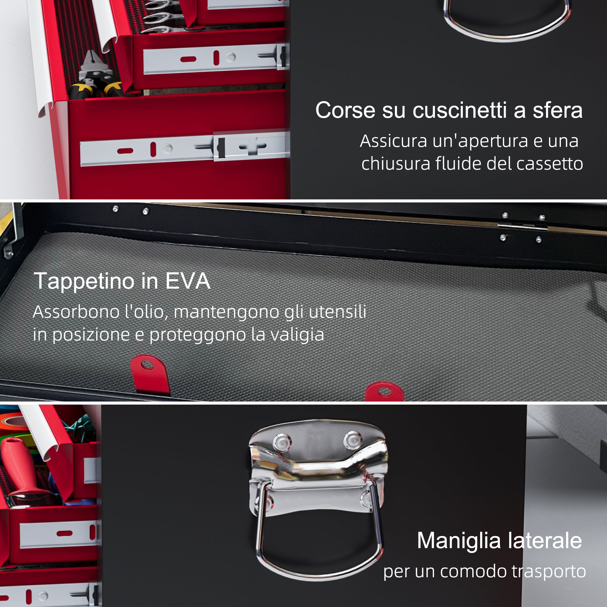 Tool Box with 6 Drawers in Steel with Lock, 60x26x34cm, Black and Red