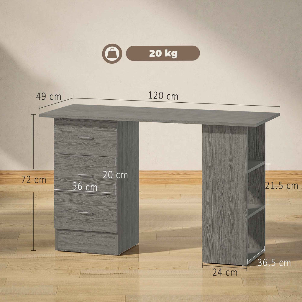 HOMCOM Modern Desk with 3 Drawers and 3 Shelves for Bedroom and Office, Wooden, 120x49x72 cm, Grey