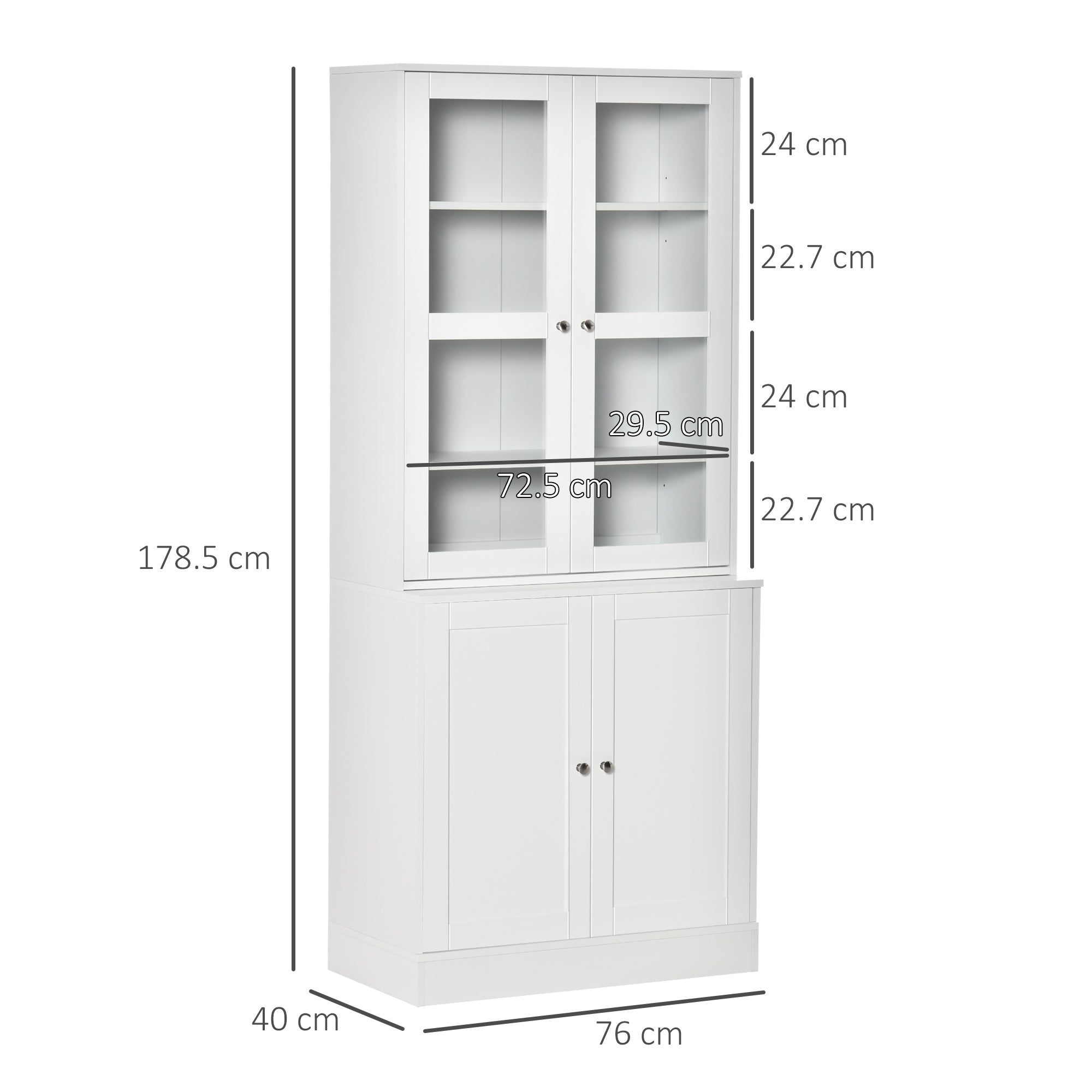 Bookcase with 2 Cabinets, Adjustable Shelves and Glass Doors, 76x40x178.5 cm, White