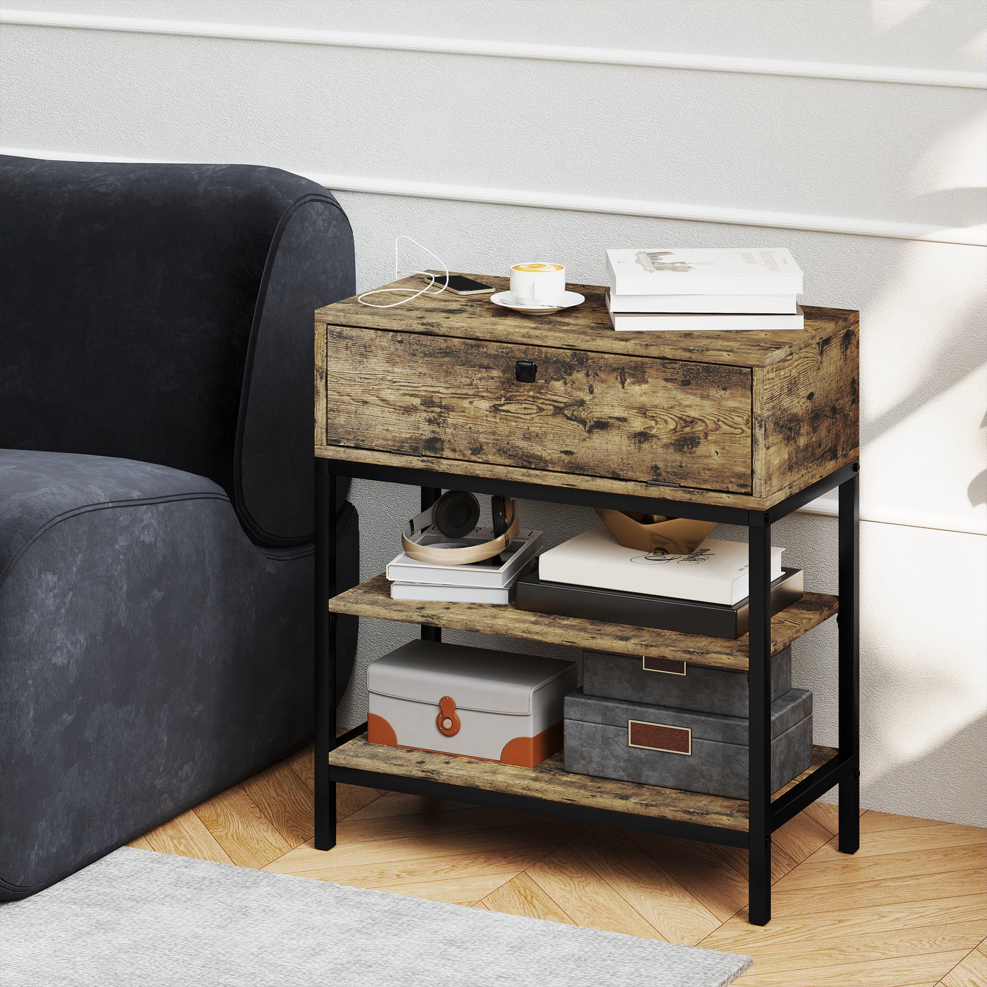 Sofa Table with Drawer and 2 Shelves Industrial Style, in Wood and Metal, 60x30x66.5 cm, Black and Brown