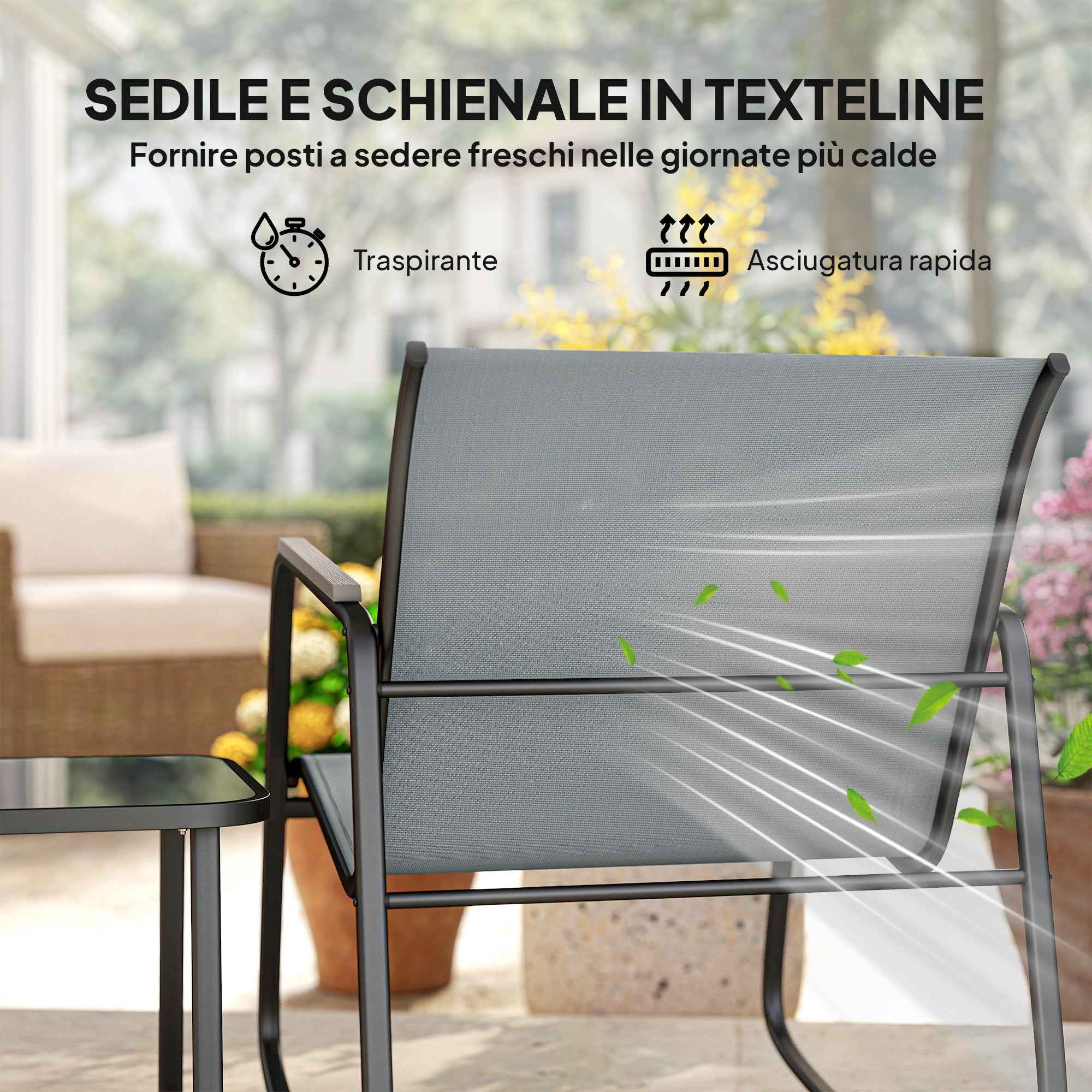 Outsunny 3-Piece Steel Outdoor Set with 2 Breathable Rocking Chairs and Glass-Top Coffee Table, Grey and Black