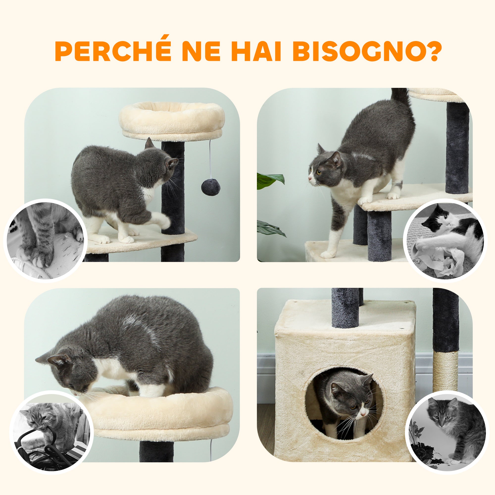 92cm Cat Tree with House, Bed, Sisal Posts and Ball, Cream White