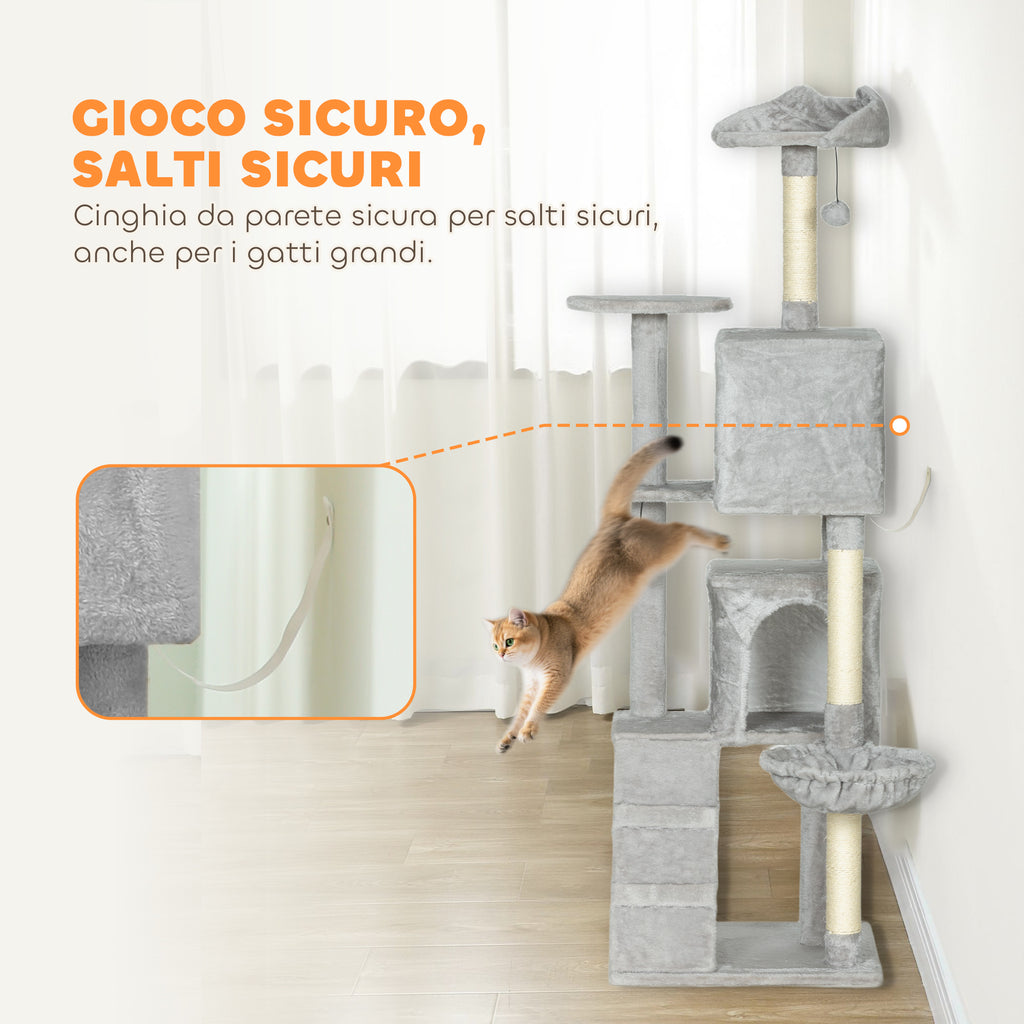 Cat Tree, 160 cm Tall, with 2 Cat Houses, Hammock, Bed and Sisal Posts, Grey