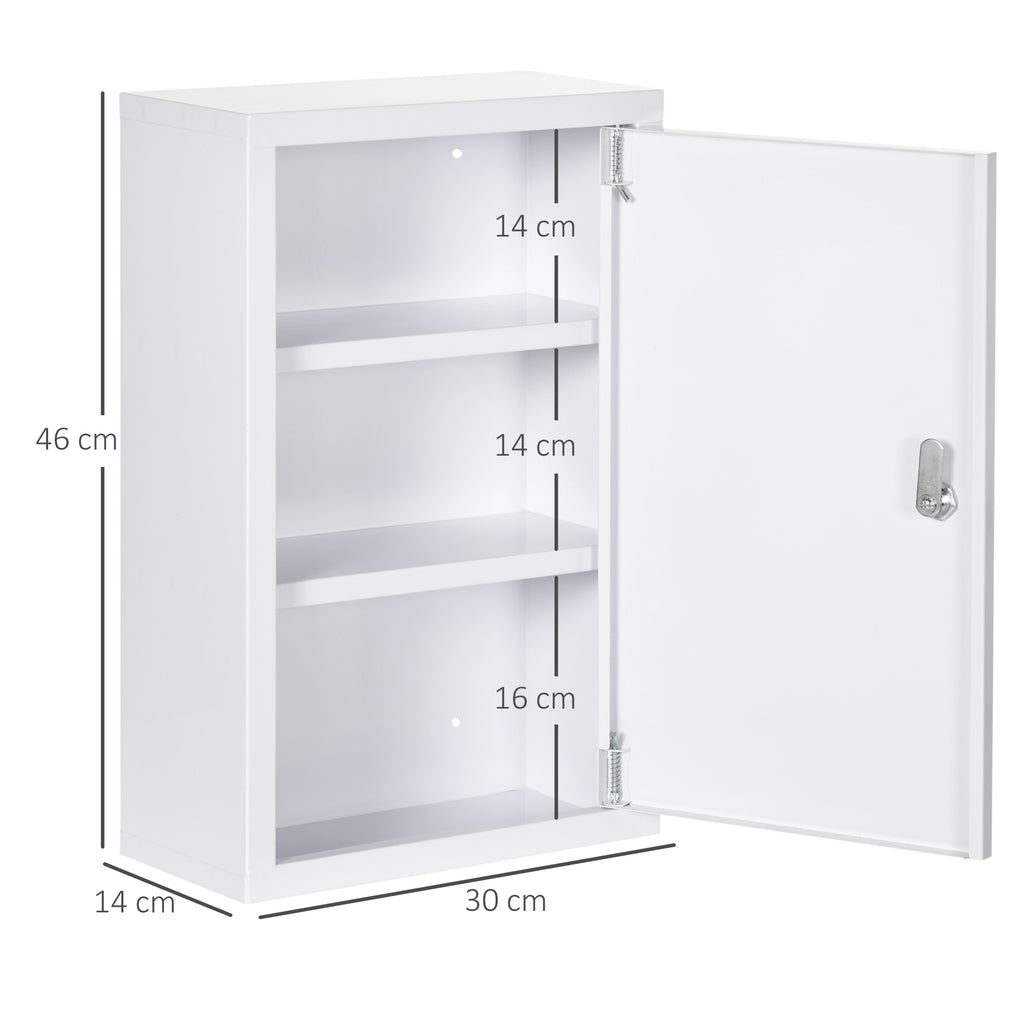 kleankin 3-Shelf Medicine Cabinet with Lock and 2 Keys, Steel, 30x14x46 cm, White
