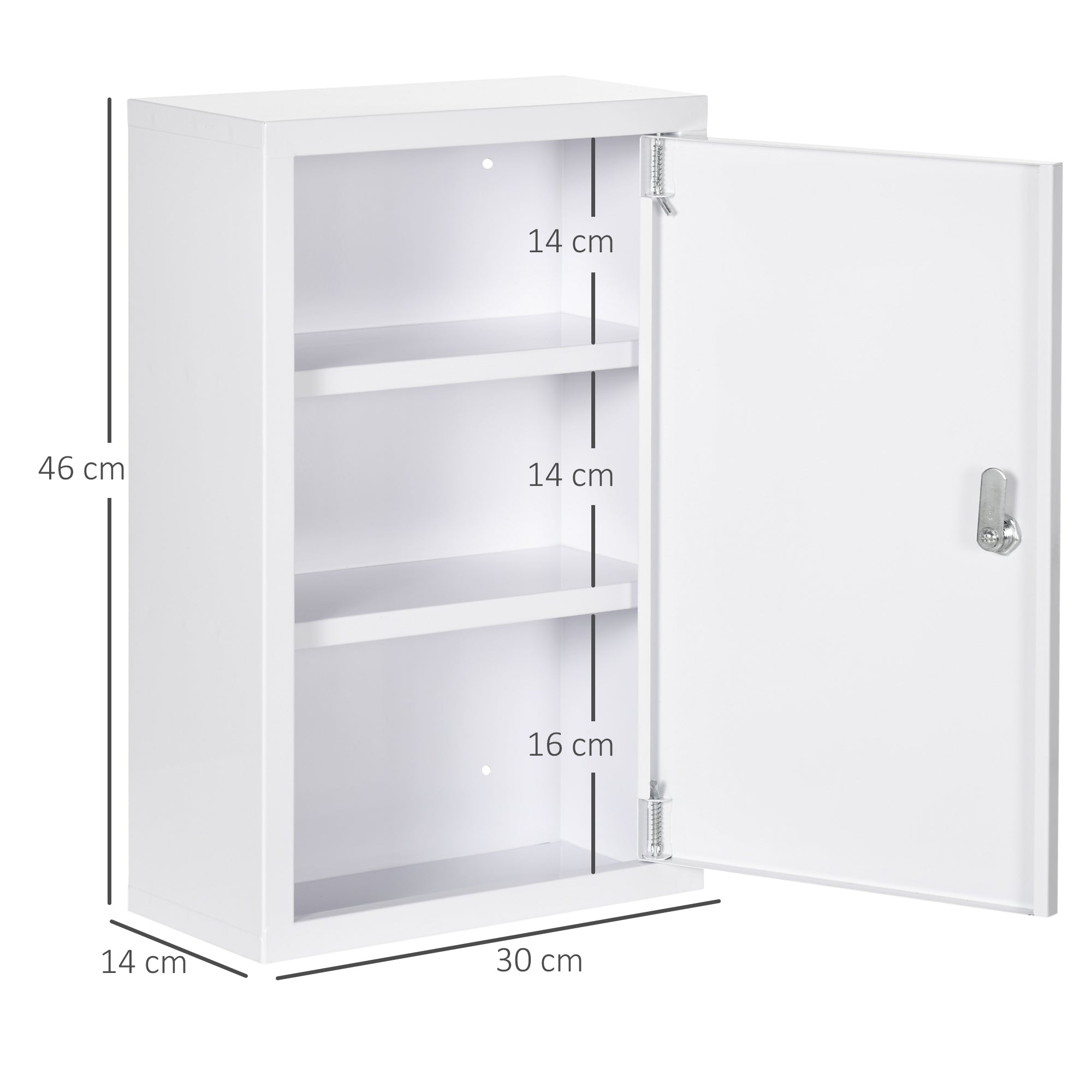 kleankin 3-Shelf Medicine Cabinet with Lock and 2 Keys, Steel, 30x14x46 cm, White