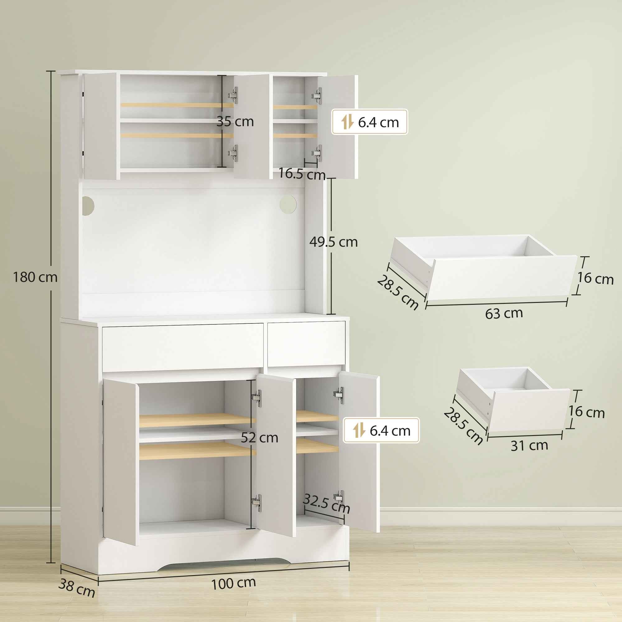 HOMCOM Modern Kitchen Sideboard with 4 Cabinets, 2 Drawers and Adjustable Shelves, 100x38x180 cm, White