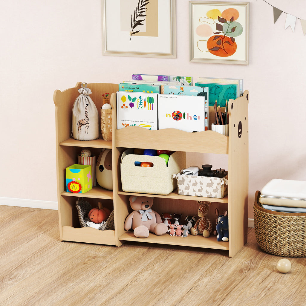 Toy Storage Shelf for Children Ages 3-8 with Open Shelves and Compartments, Wooden, 92x29x79 cm, Wood Color