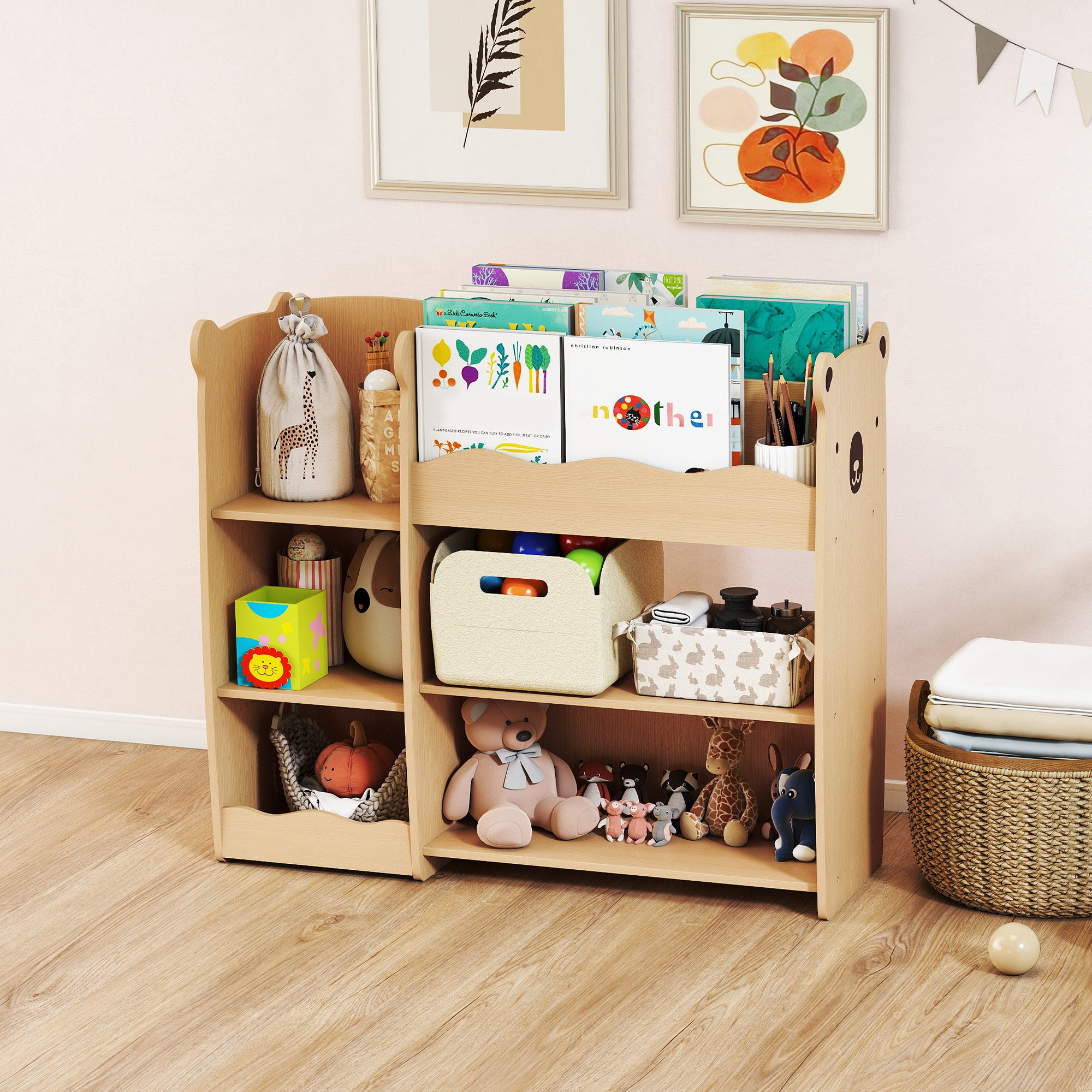 Toy Storage Shelf for Children Ages 3-8 with Open Shelves and Compartments, Wooden, 92x29x79 cm, Wood Color
