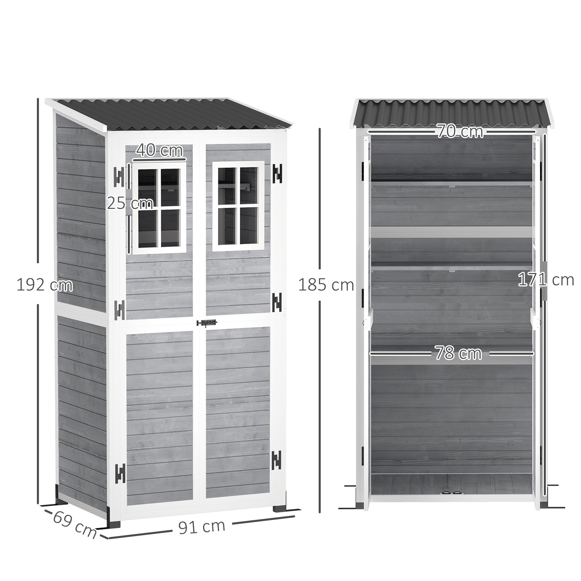 Wooden Garden Shed with Adjustable Shelves, Two Locking Doors and Windows, Grey