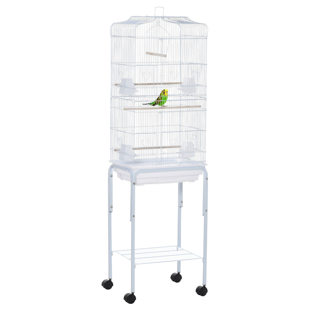 Bird Cage, Metal and Steel Aviary with Wheels, Perches and Bowls, 46.5x36x157cm, White