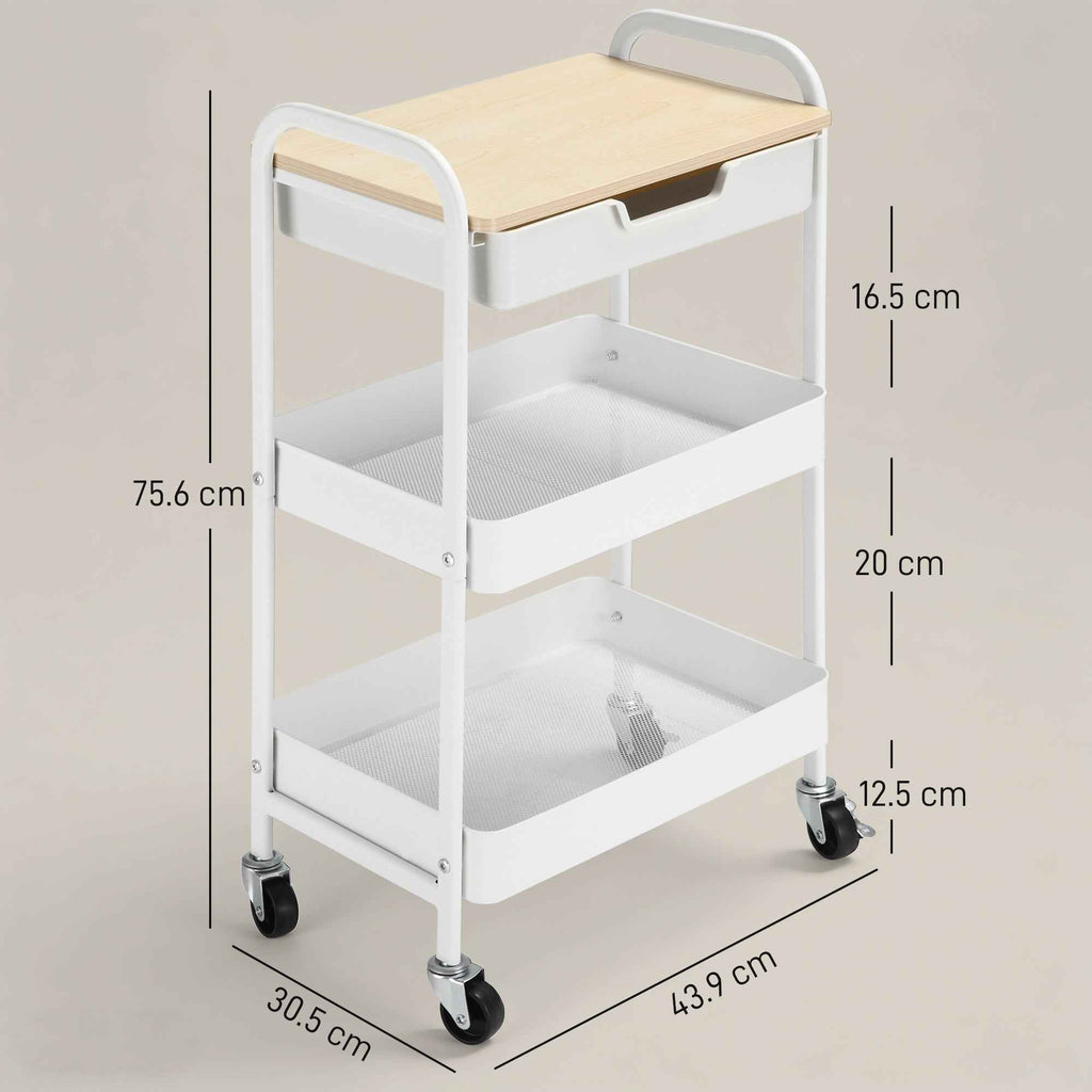 HOMCOM Multipurpose Kitchen Cart with Swivel Wheels, 2 Baskets, Drawer and Wooden Top, White