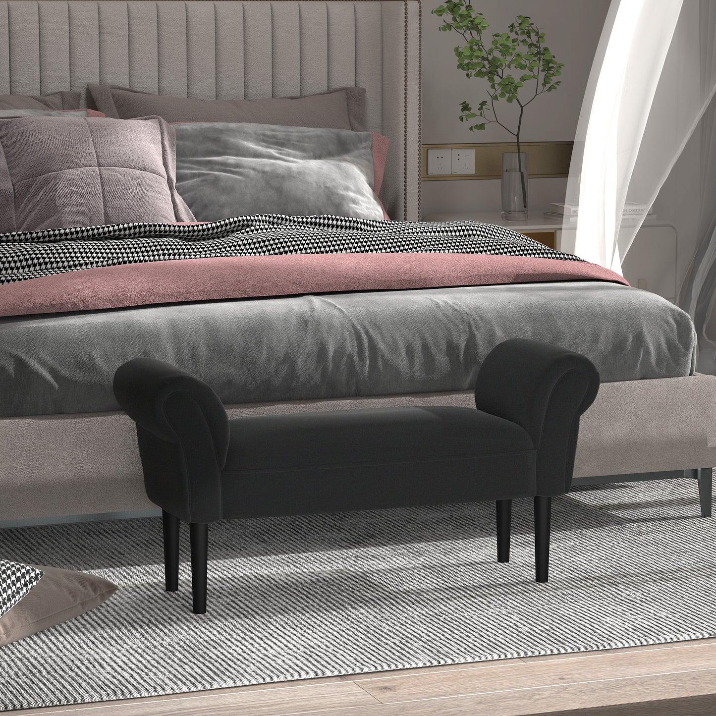 Ottoman Padded Bed Bench with Rolled Armrests, 102x35x51cm, Black - Borgè