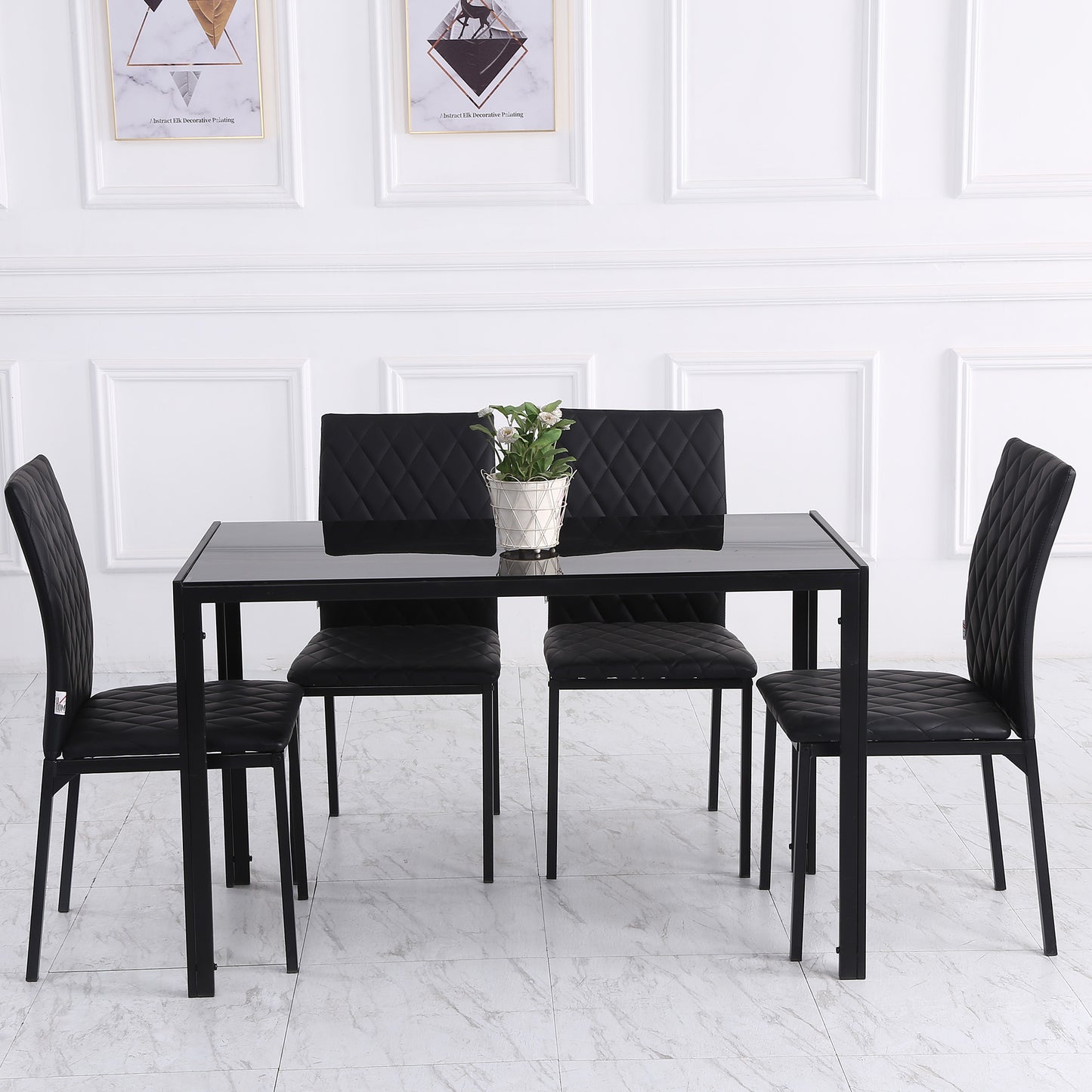 Set of 4 Faux Leather Dining Chairs with Diamond Stitching and Metal Legs, Black