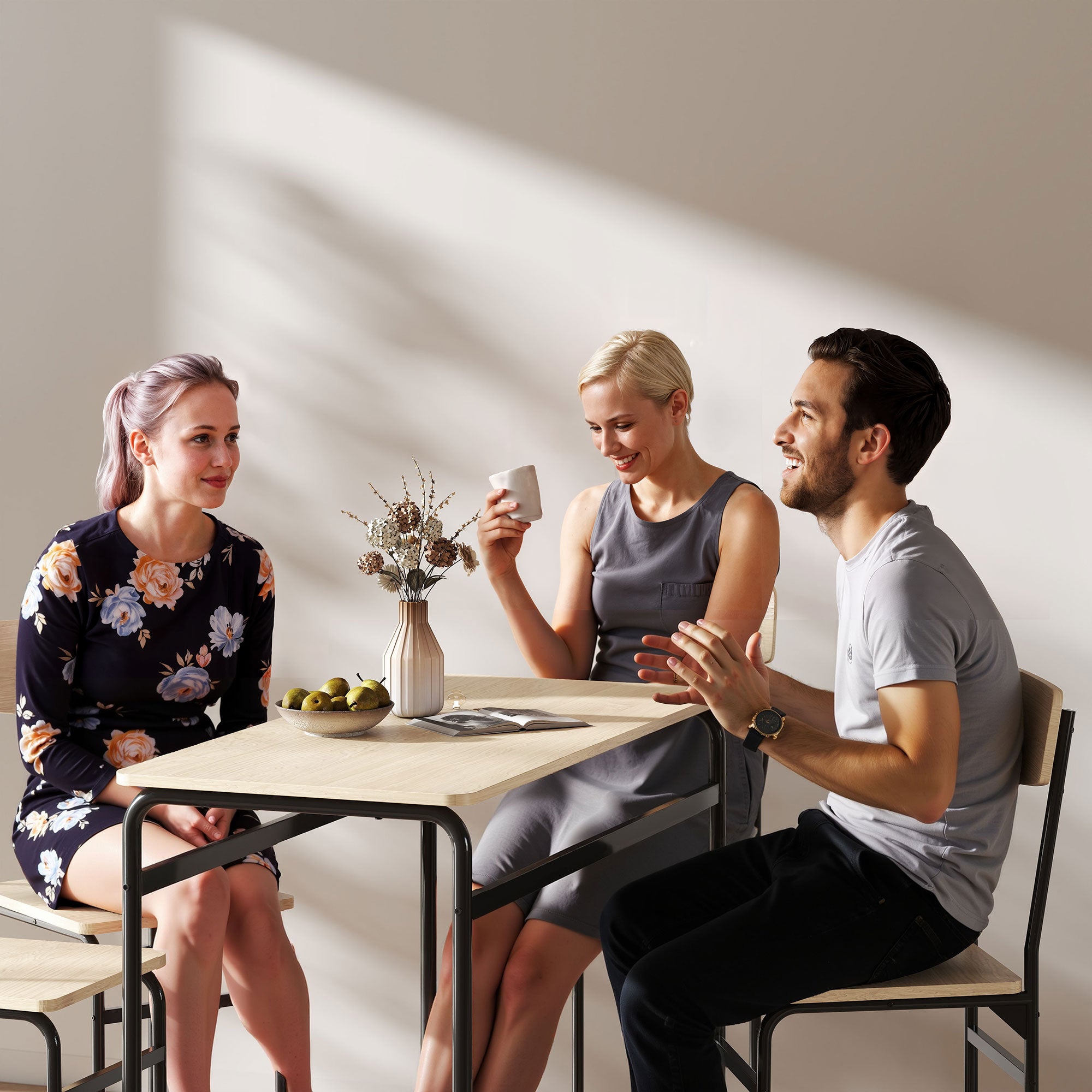 5-Piece Dining Set with Rectangular Table and 4 Dining Chairs, Wood and Metal, Black and Wood Color