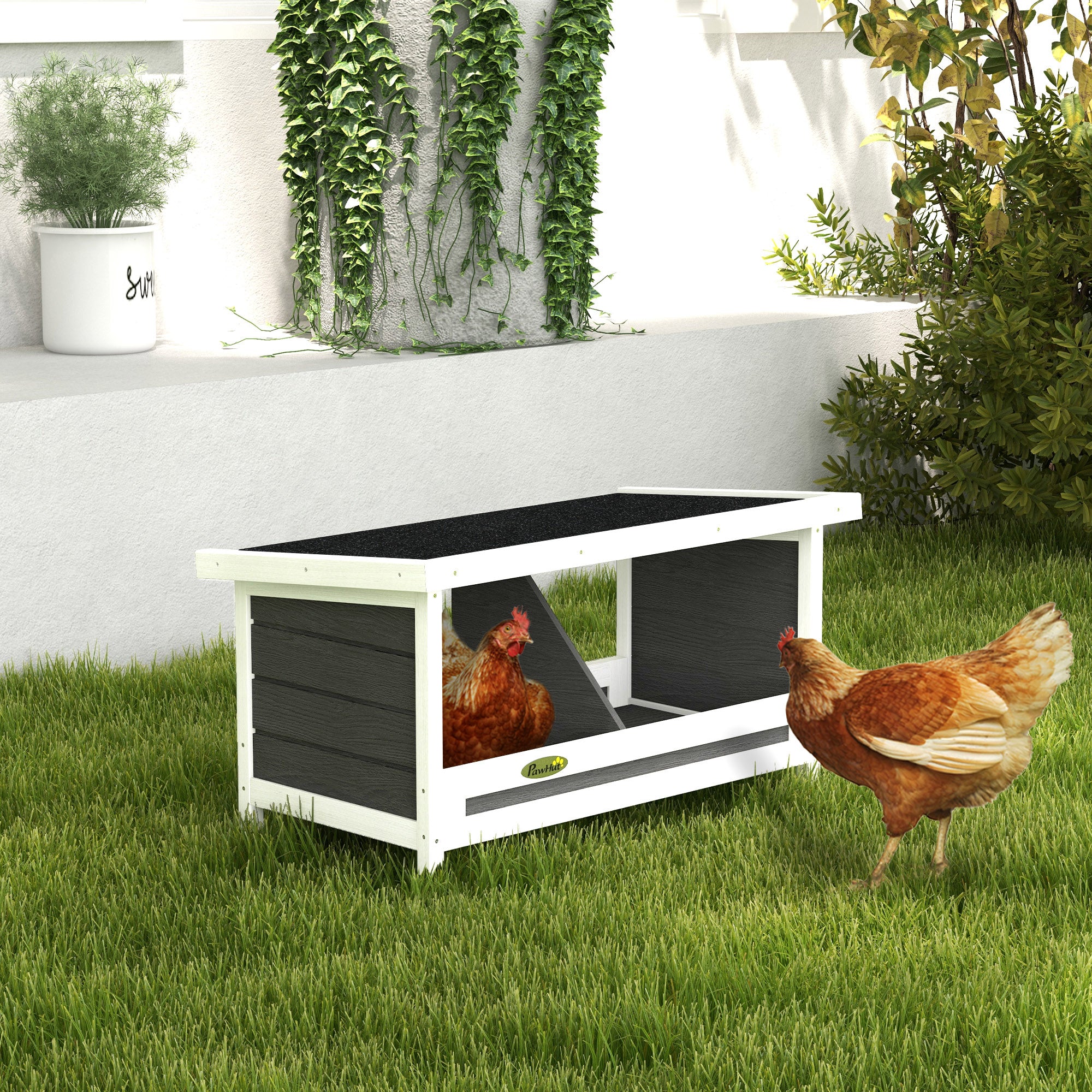 2-Panel Chicken Coop with Raised Base and Roof, Wood and Bitumen, 66x37x34 cm, Grey White and Black