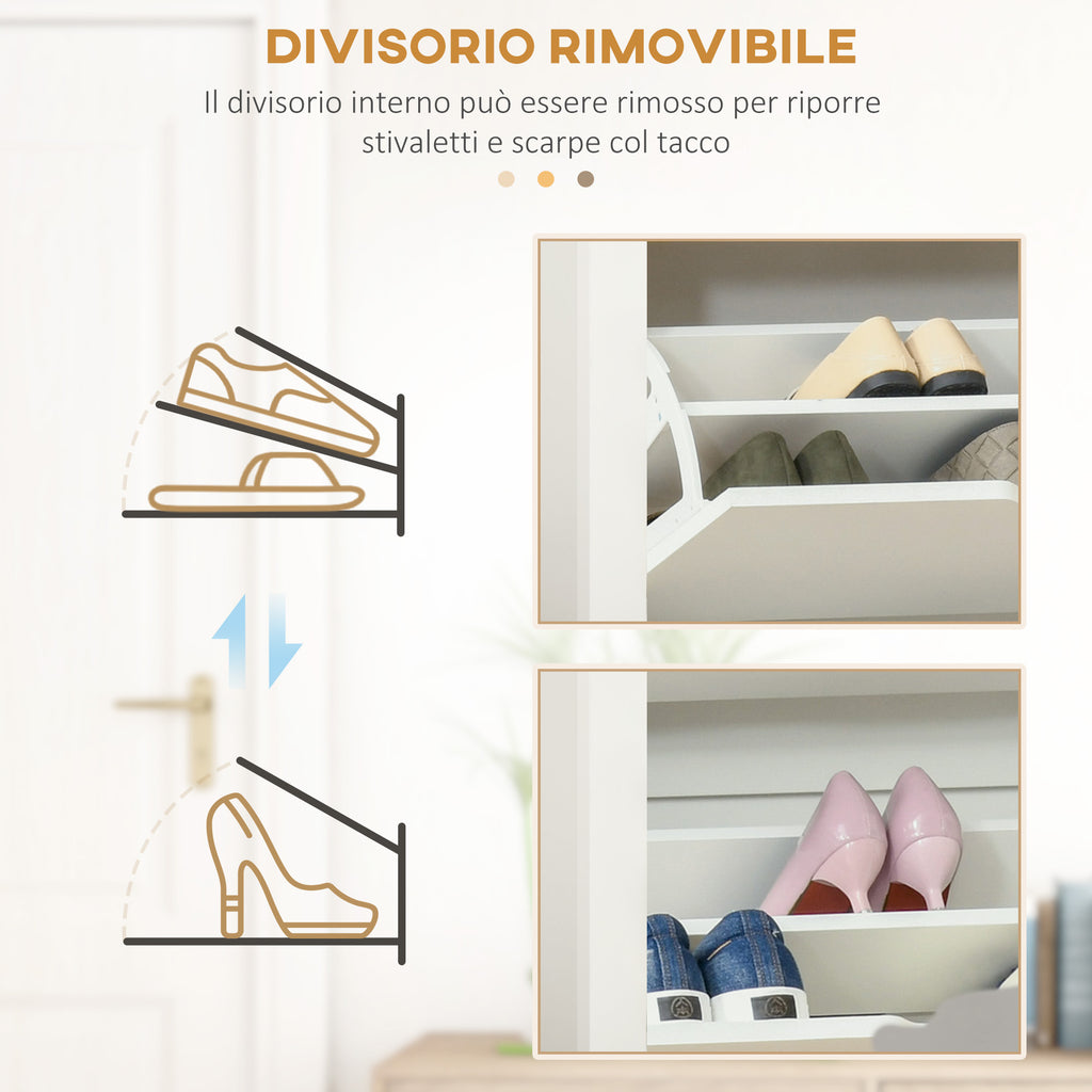 Modern Shoe Rack for 12 Pairs Max with 2 Adjustable and Removable Drawers, in Wood, 72x26x80 cm, White