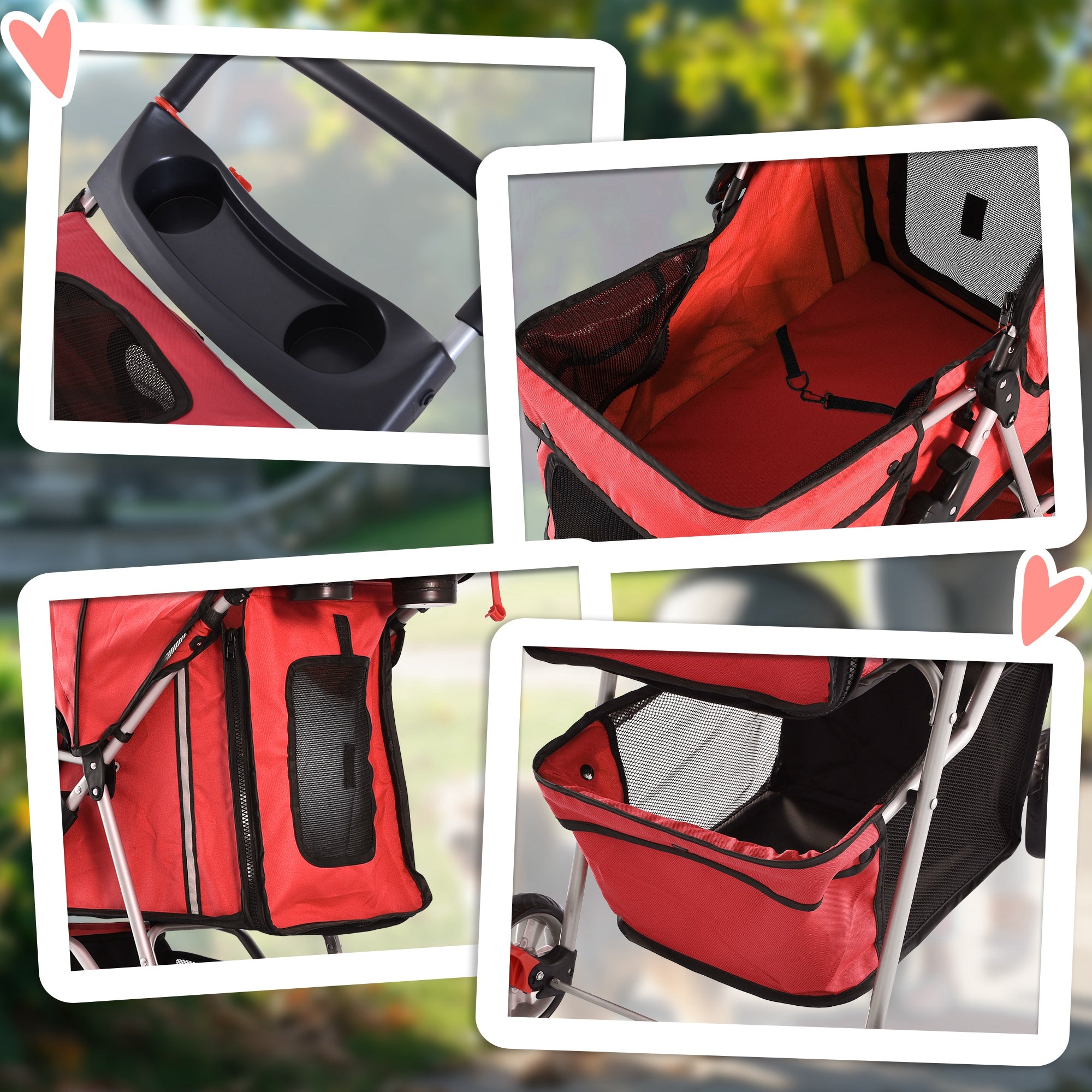Folding Dog Stroller for Small Dogs, Dog Pushchair with Braked Wheels, Cup Holder, Storage Basket and Removable and Washable Padding, for Pets up to 10 kg, Red