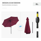 Round and Adjustable Umbrella with Crank, in Polyester, Metal and Fiberglass, Ø265x240 cm, Red and Black