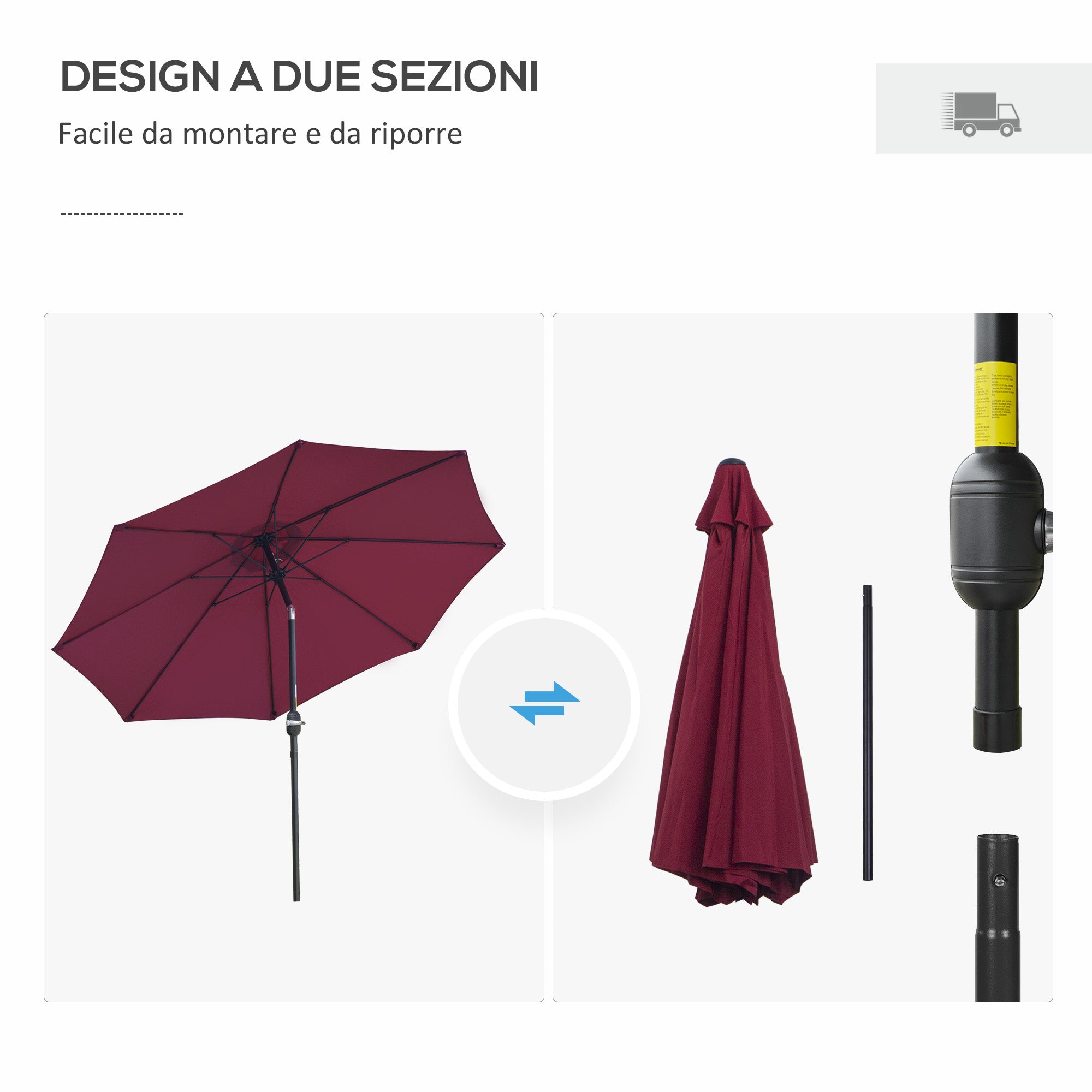 Round and Adjustable Umbrella with Crank, in Polyester, Metal and Fiberglass, Ø265x240 cm, Red and Black