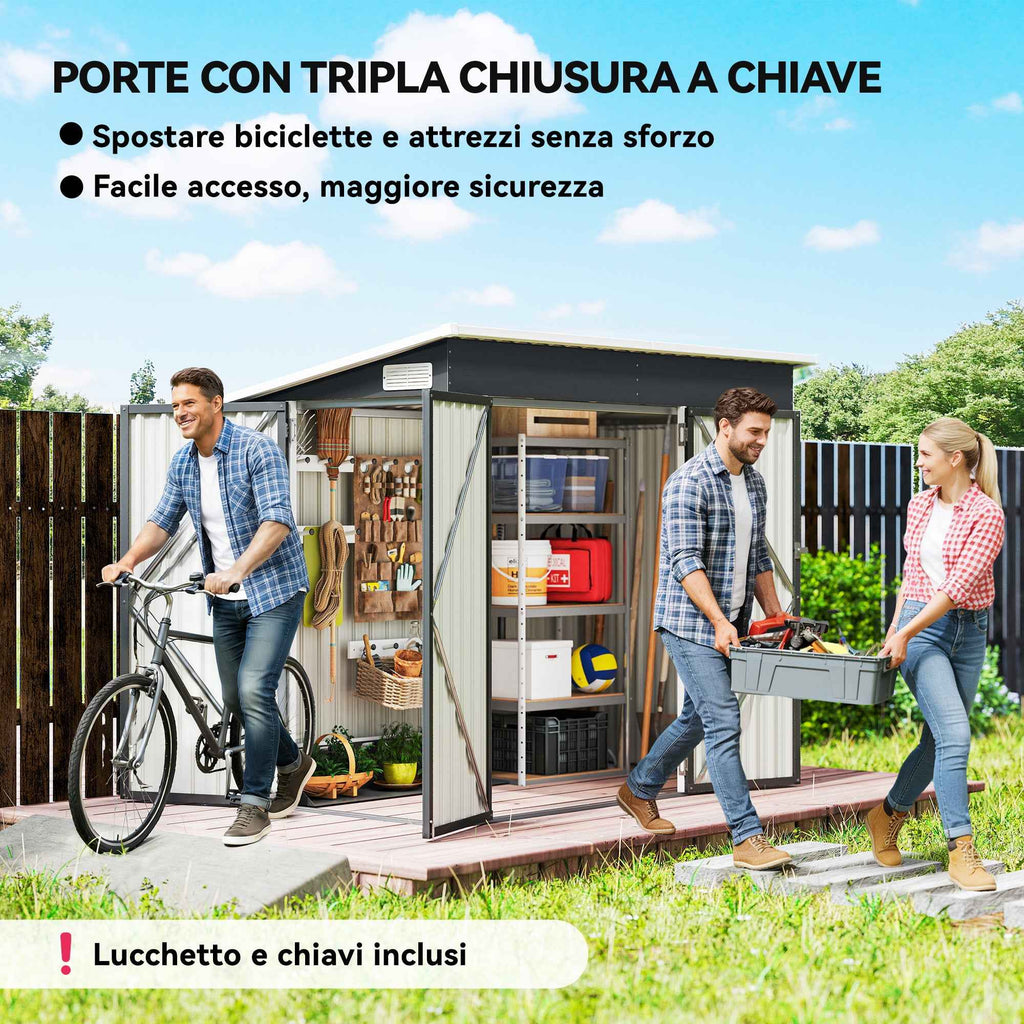 Outsunny Steel Garden Shed with 3 Lockable Doors, 234x132x185 cm, Dark Grey
