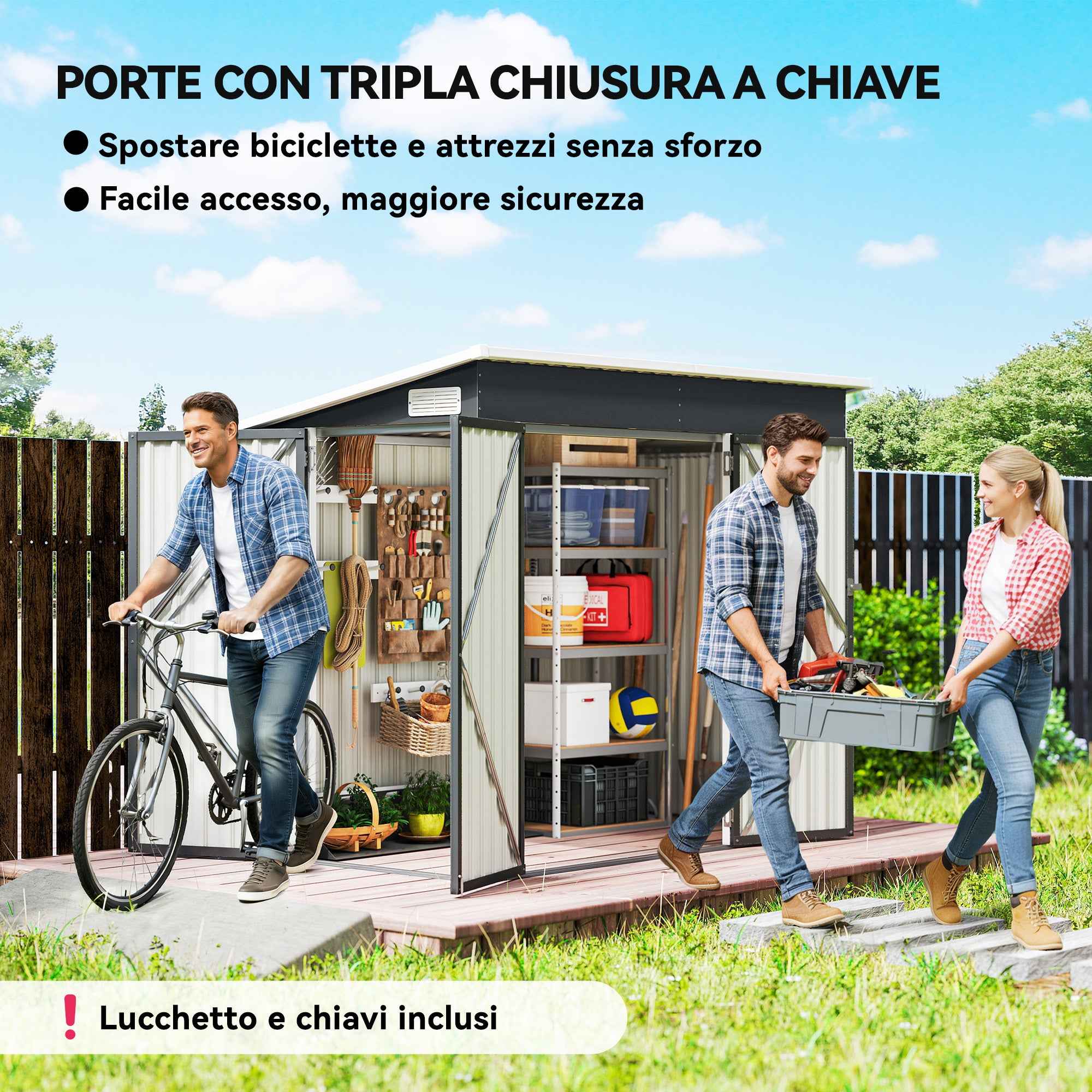 Outsunny Steel Garden Shed with 3 Lockable Doors, 234x132x185 cm, Dark Grey
