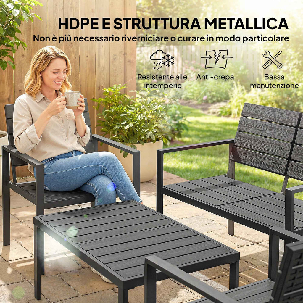 Outsunny 4-Piece Garden Lounge Set with Coffee Table, 2-Seater Sofa, and 2 Chairs, in HDPE and Black Metal