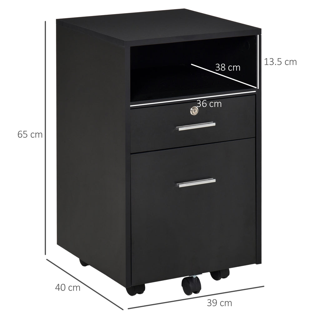 Wooden Office Drawer Cabinet with 2 Drawers and Open Shelf, 39x40x65 cm, Black