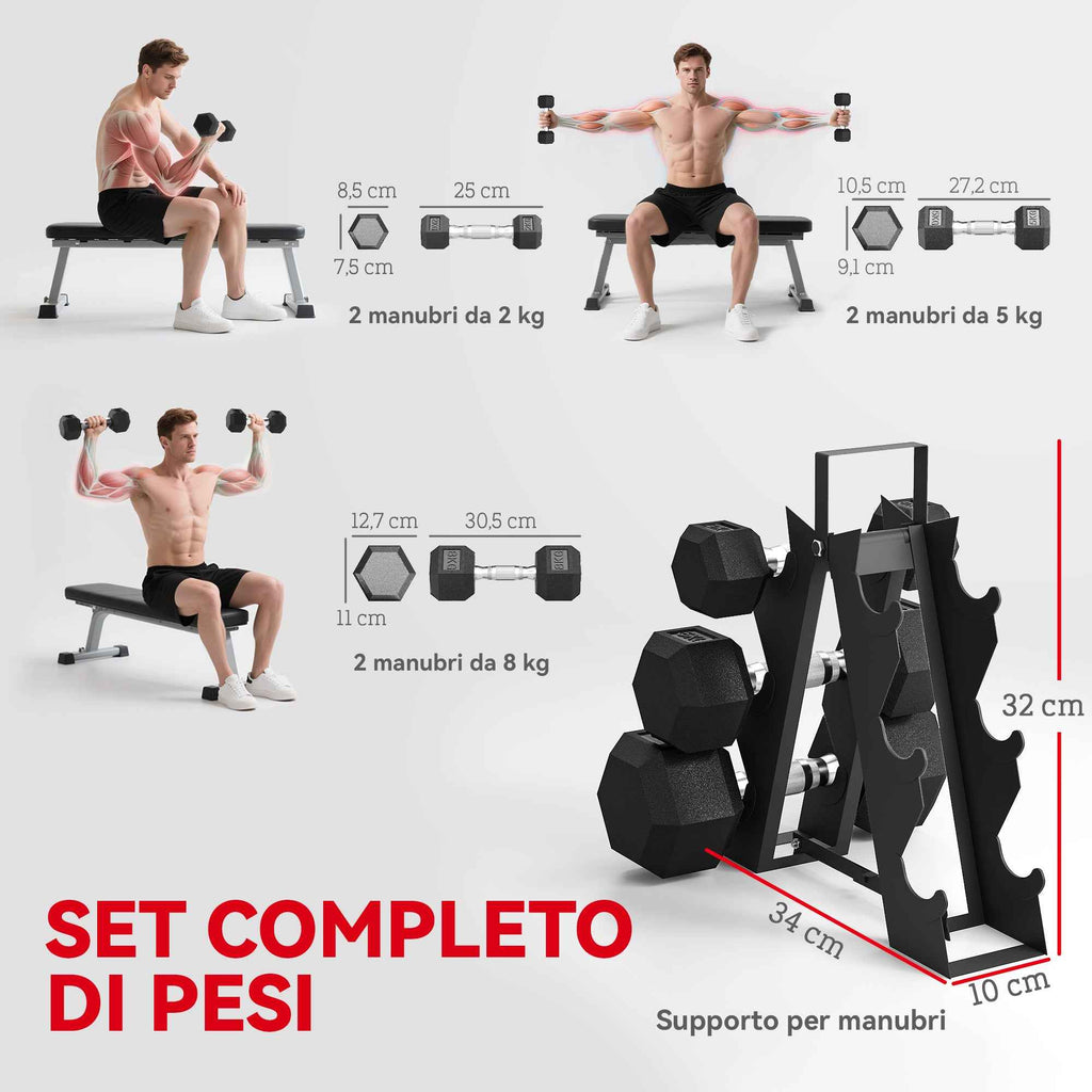 SPORTNOW Gym Dumbbell Set with Metal Stand and Non-Slip Grip, 2x2kg, 2x5kg, 2x8kg, Black