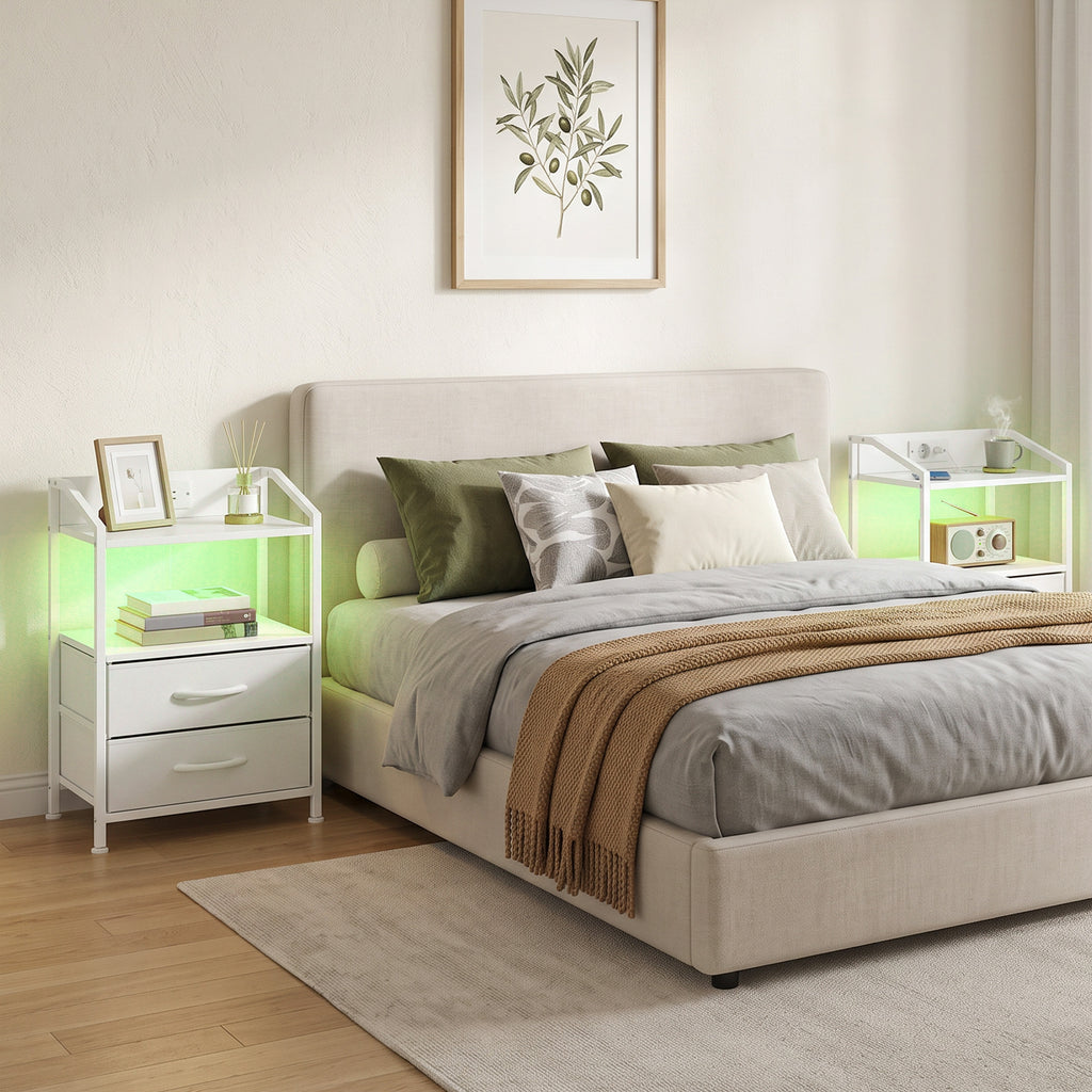 HOMCOM Set of 2 Bedside Tables with LED Lights and Charging Station, 40x30x60 cm, White