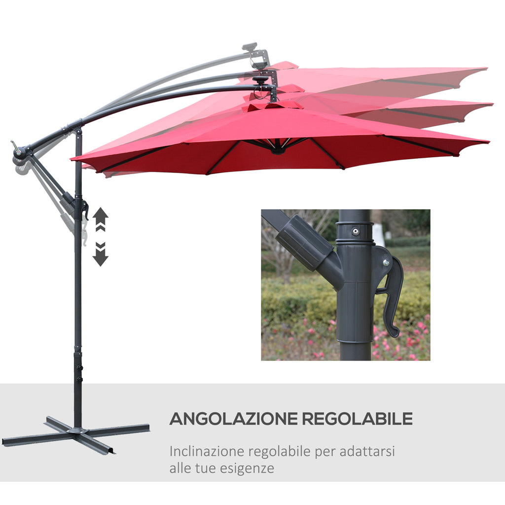3x2.4m Garden Umbrella with Crank and 8 Solar-Powered LED Strips, Dark Red