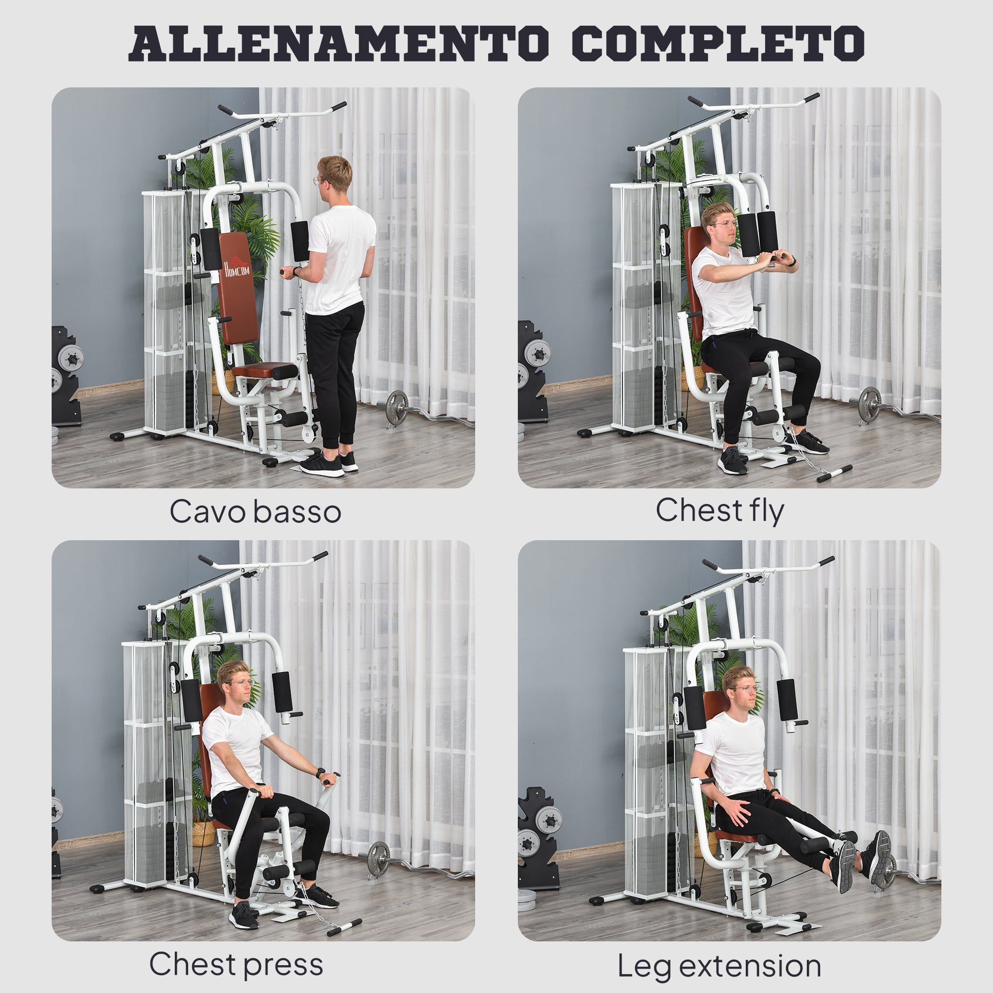 Multifunctional Fitness Station for Home and Gym with 4 Padding, in Steel and PU, 150x110x210 cm, White
