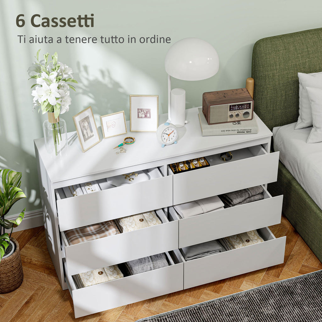 Chest of 6 Drawers for the Bedroom in Wood with Metal Guides, 120x39x75 cm, White