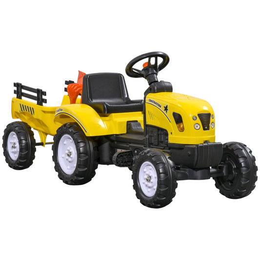 HOMCOM Pedal Tractor for Children aged 3+ with Trailer, Rake, Shovel and Horn, Yellow