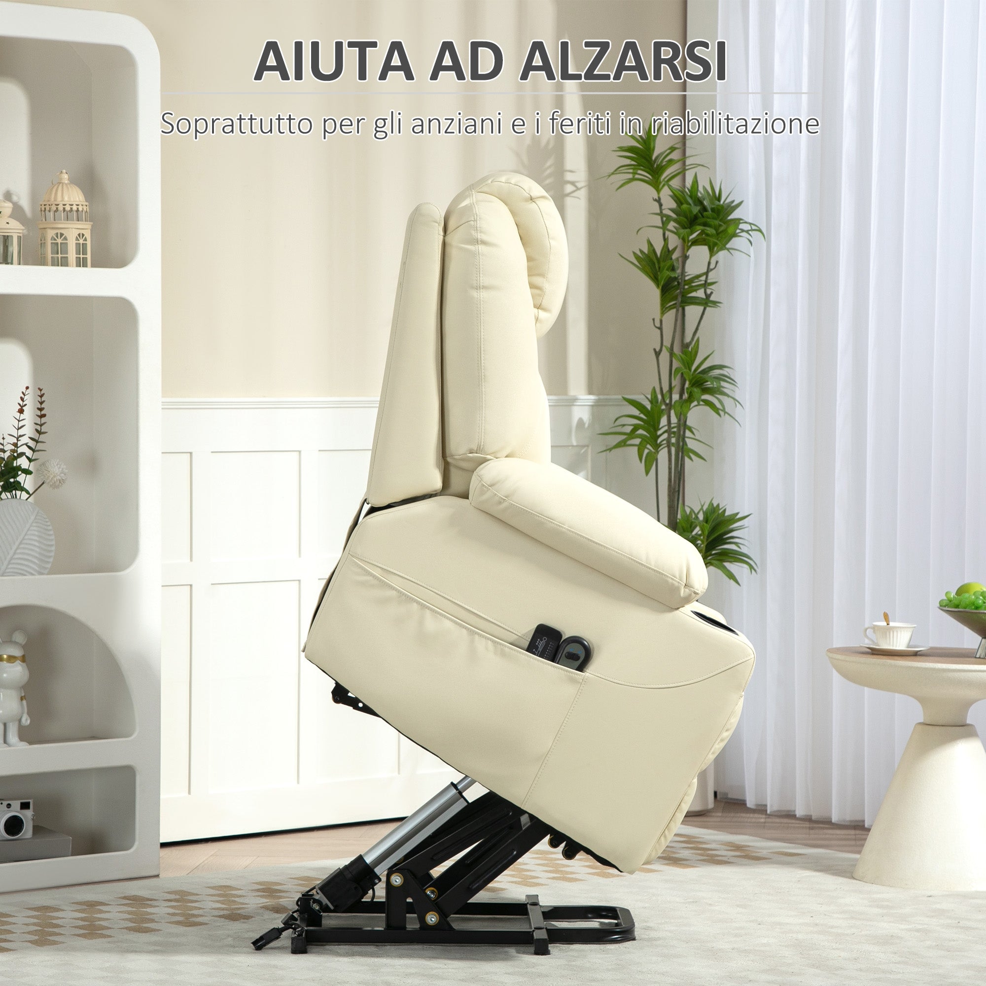 Lift Chair Reclining up to 135° with 8 Massage Points, Remote Control and Footrest, 88x92x106 cm, Cream