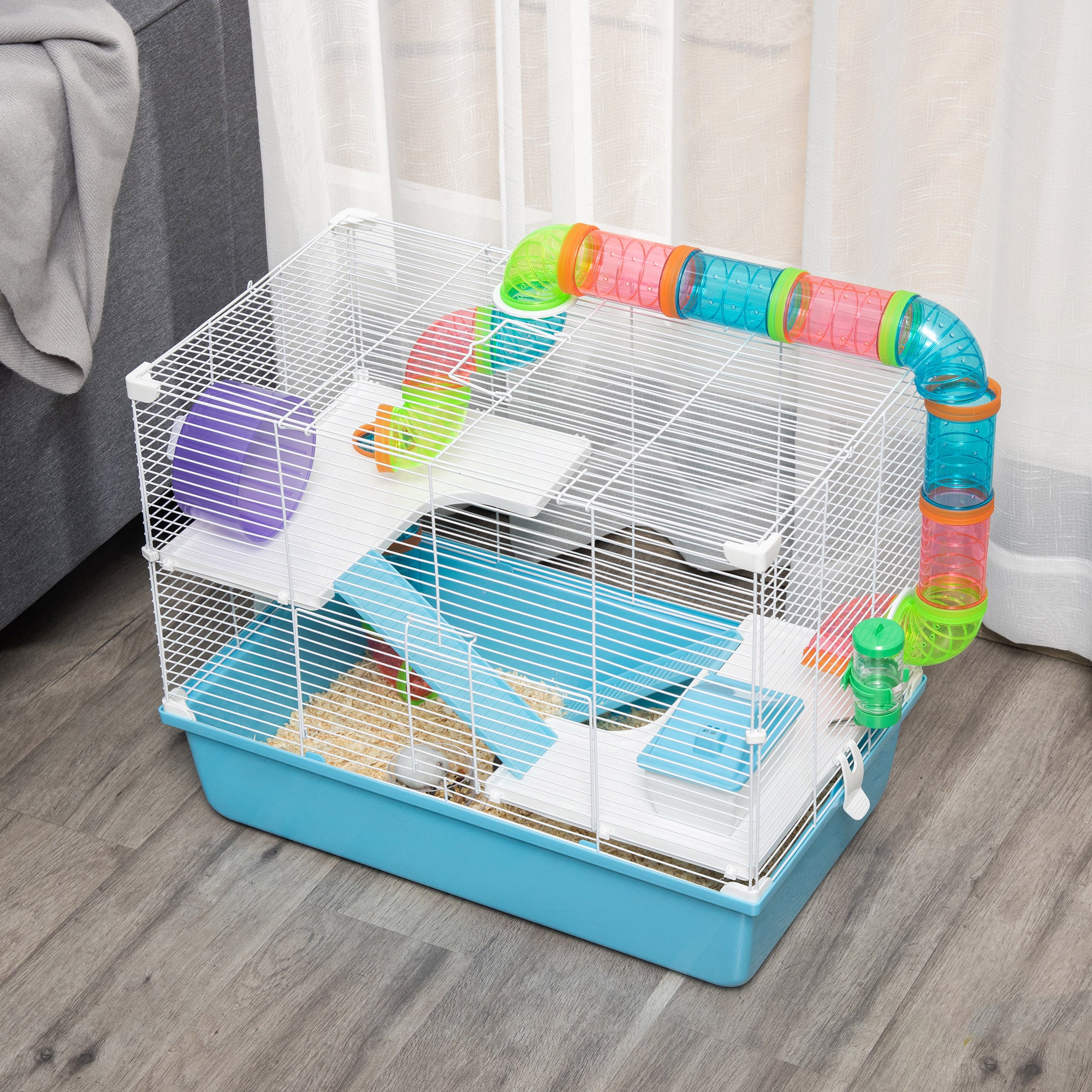 3-Tier Hamster Cage with Tubes, House, Water Tank and Wheel, 59x36x47 cm
