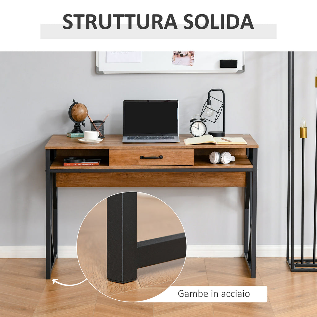 Modern Industrial Style Metal and MDF Desk, Shelves and Drawer for Home and Office, 120x60x76cm Black and Brown