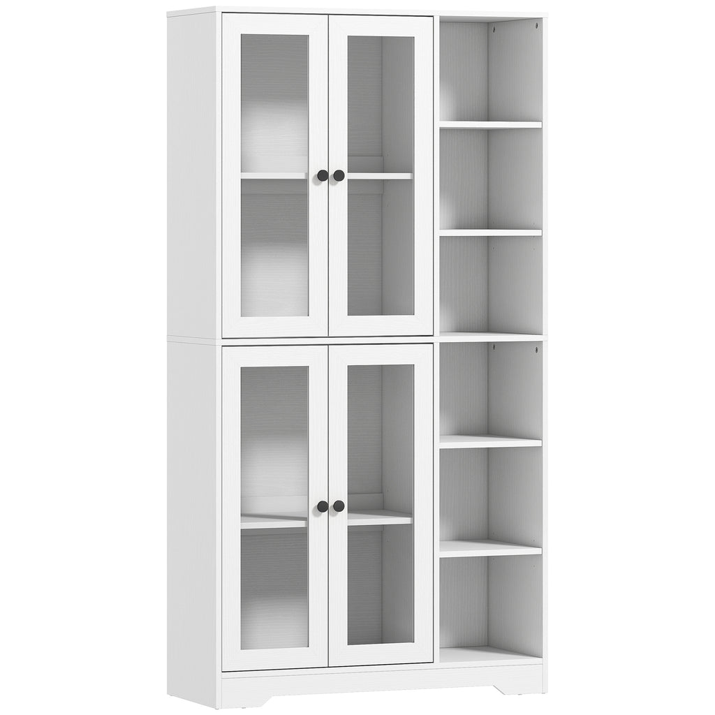 HOMCOM Tall Kitchen Sideboard, Pantry Cabinet with 4 Soft-Close Glass Doors, 6 Open Shelves, Adjustable Shelves, White