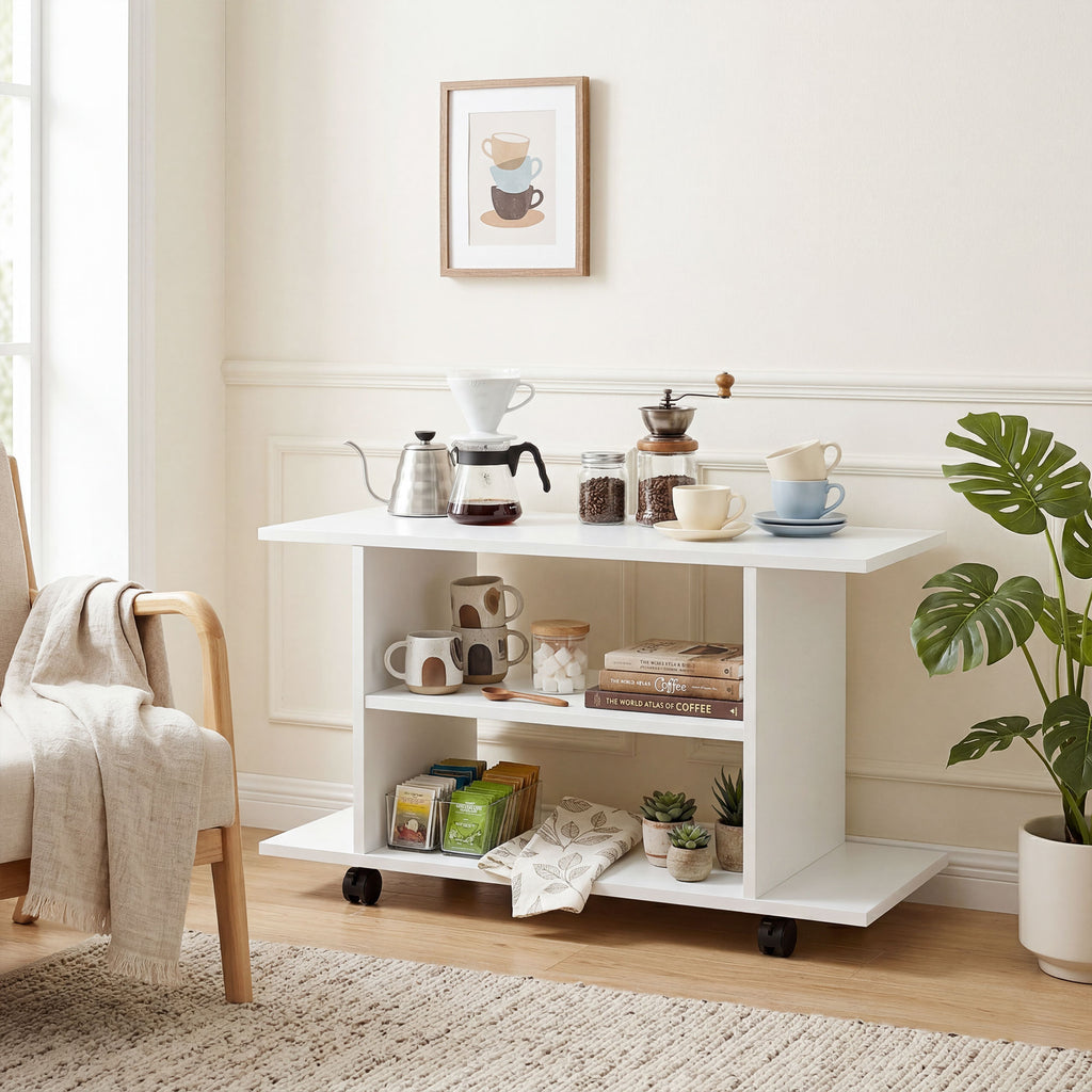 HOMCOM Modern TV Stand with Shelves, Swivel Wheels and Brakes, 80x40x40 cm, White