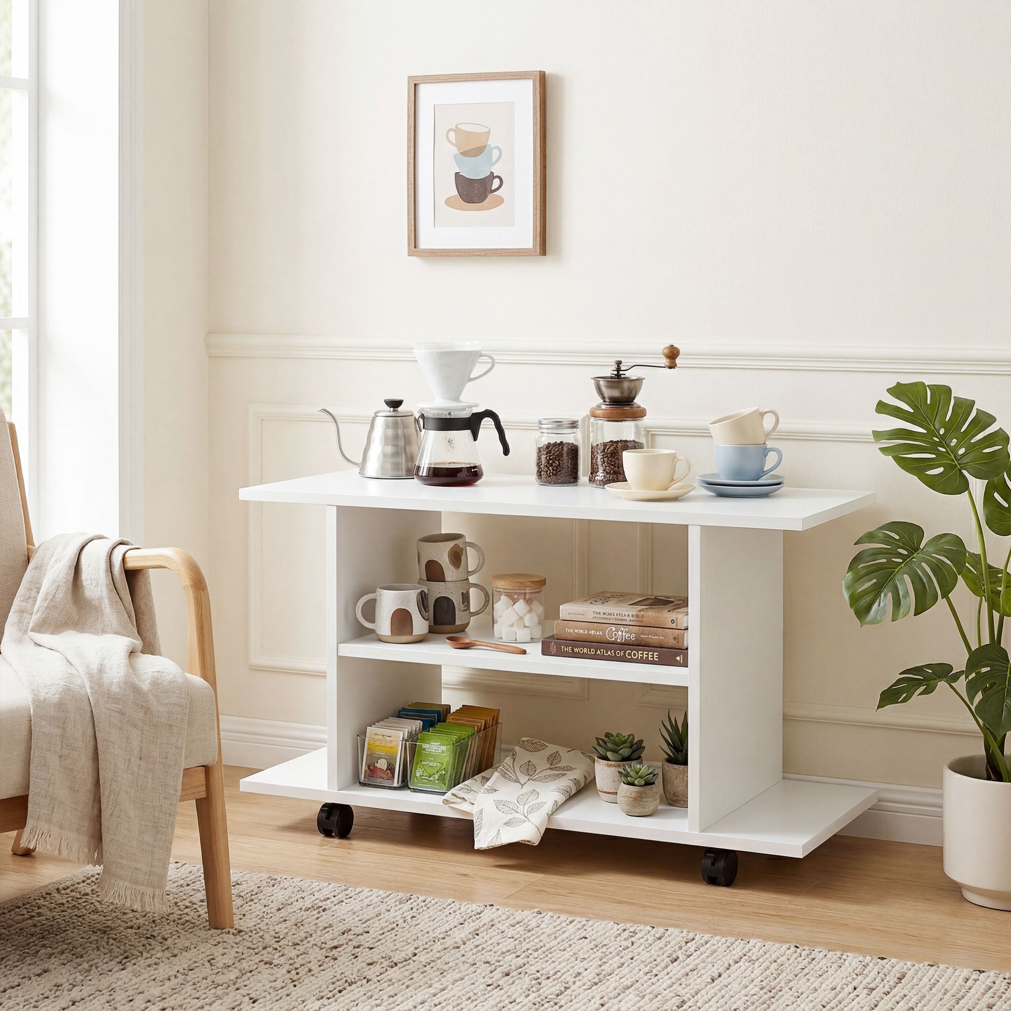 HOMCOM Modern TV Stand with Shelves, Swivel Wheels and Brakes, 80x40x40 cm, White
